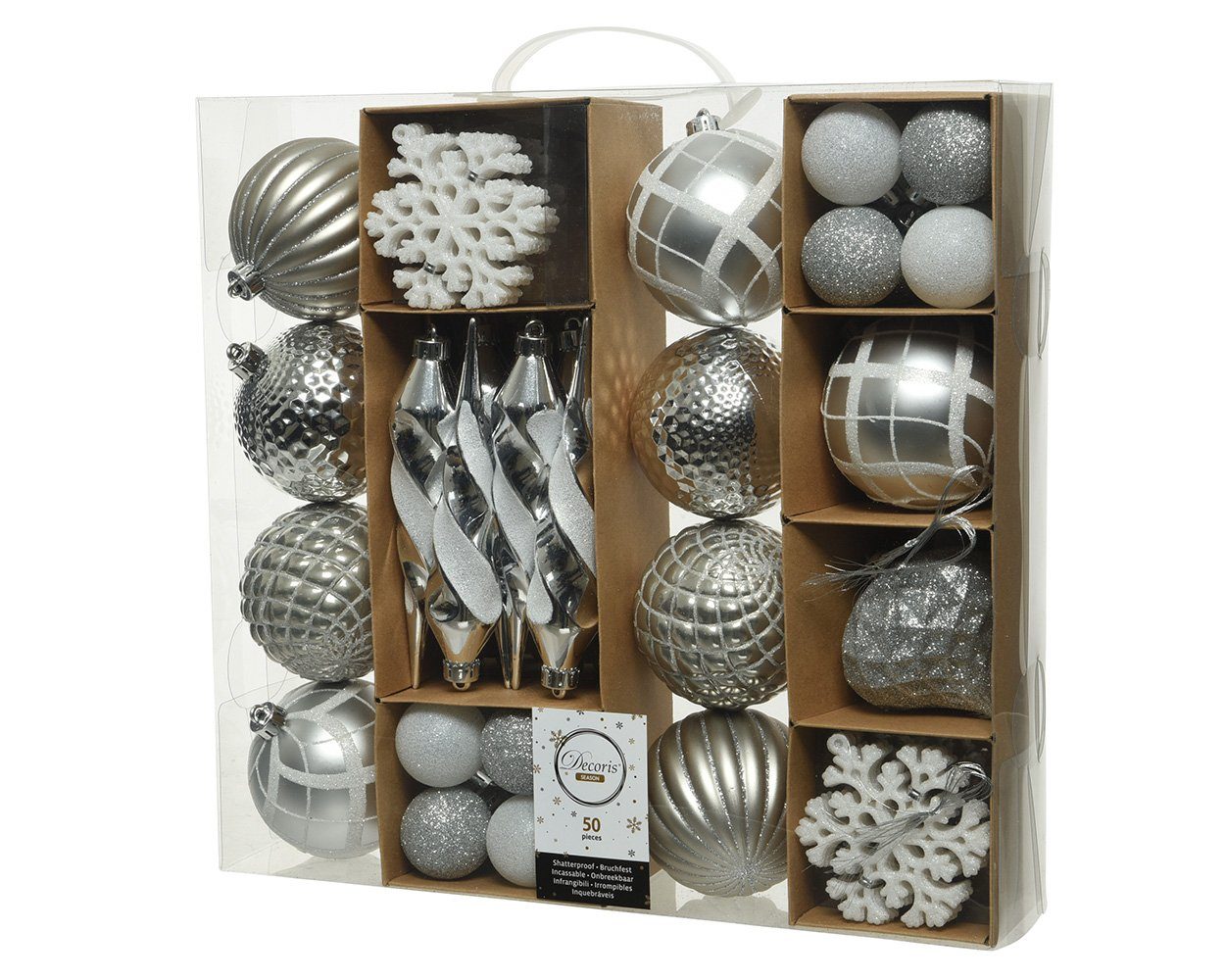 Decoris season decorations Weihnachtsbaumkugel, Weihnachtskugeln Kunststoff mit Eiszapfen 4-8cm silber, 50er Set