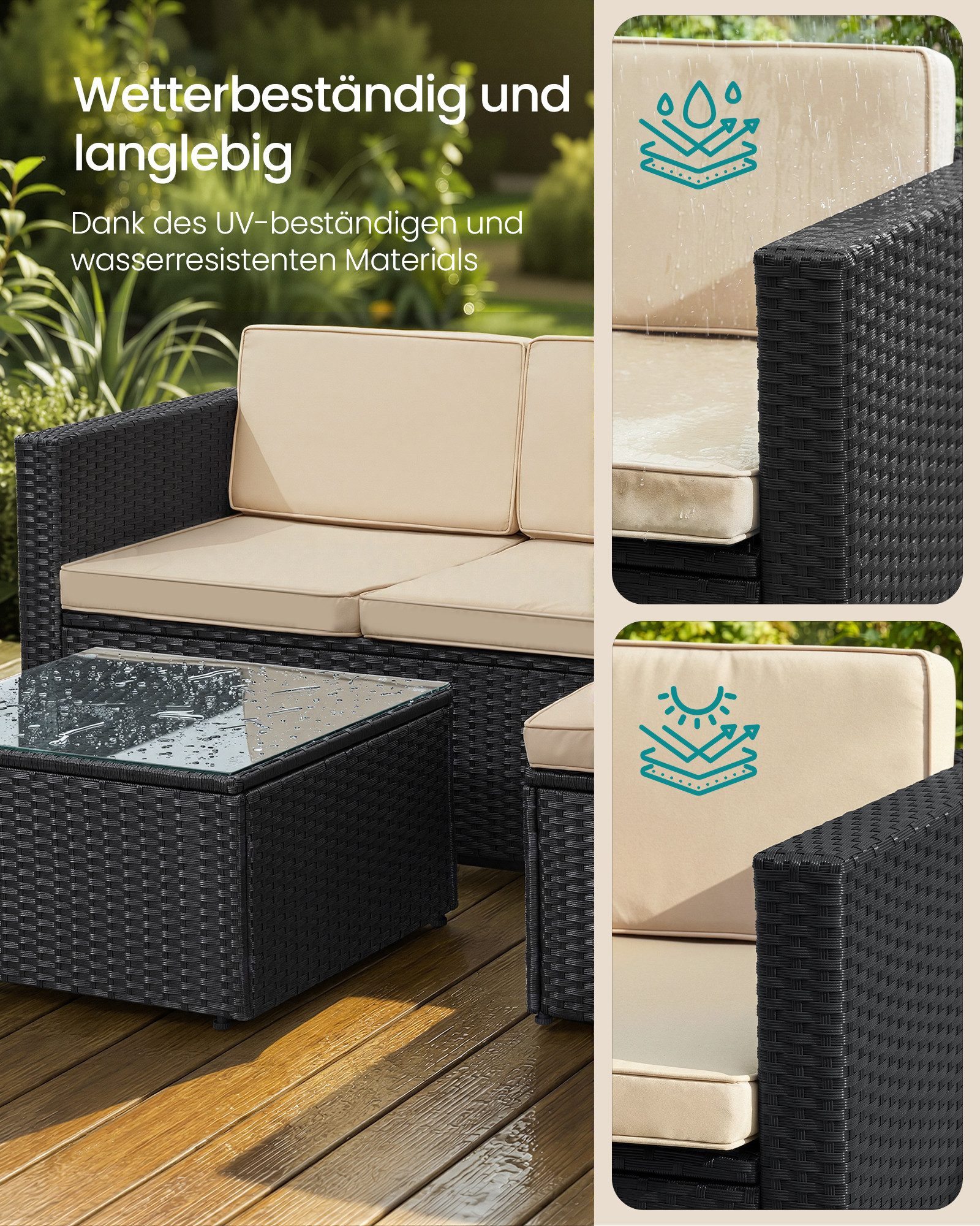 SONGMICS Gartenlounge-Set, (5-tlg., 1 Ecksofa, 1 Hocker, 1 Couchtisch, 7 Kissen), Gartenmöbel Set, Balkonmöbel, handgeflochtenes Rattan