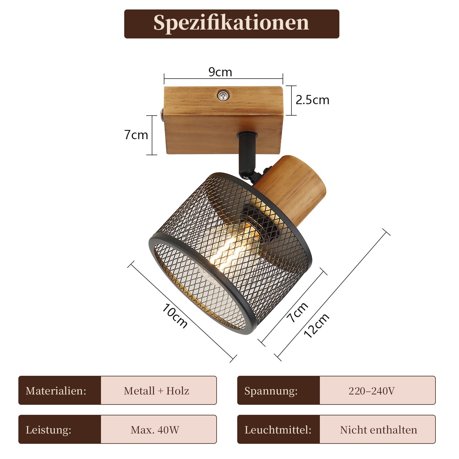 Nettlife Deckenstrahler 1/2/3/4flammig Vintage E14 Deckenleuchte aus Holz Schwarz Metall, ohne Leuchtmittel, schwenkbarer Deckenspot für Flur Küche Wohnzimmer