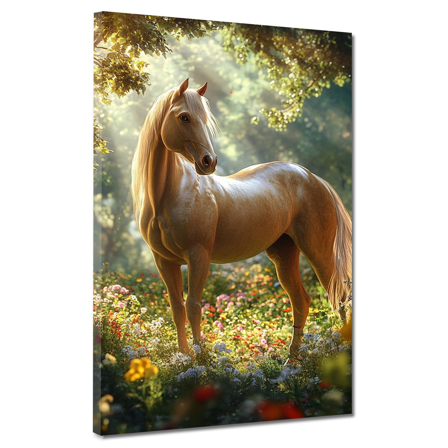 Artedinoi Leinwandbild Wunderschönes Pferd im Blumenfeld Natur Eleganz Leinwandbild Wandbild, Pferd im Blumenfeld