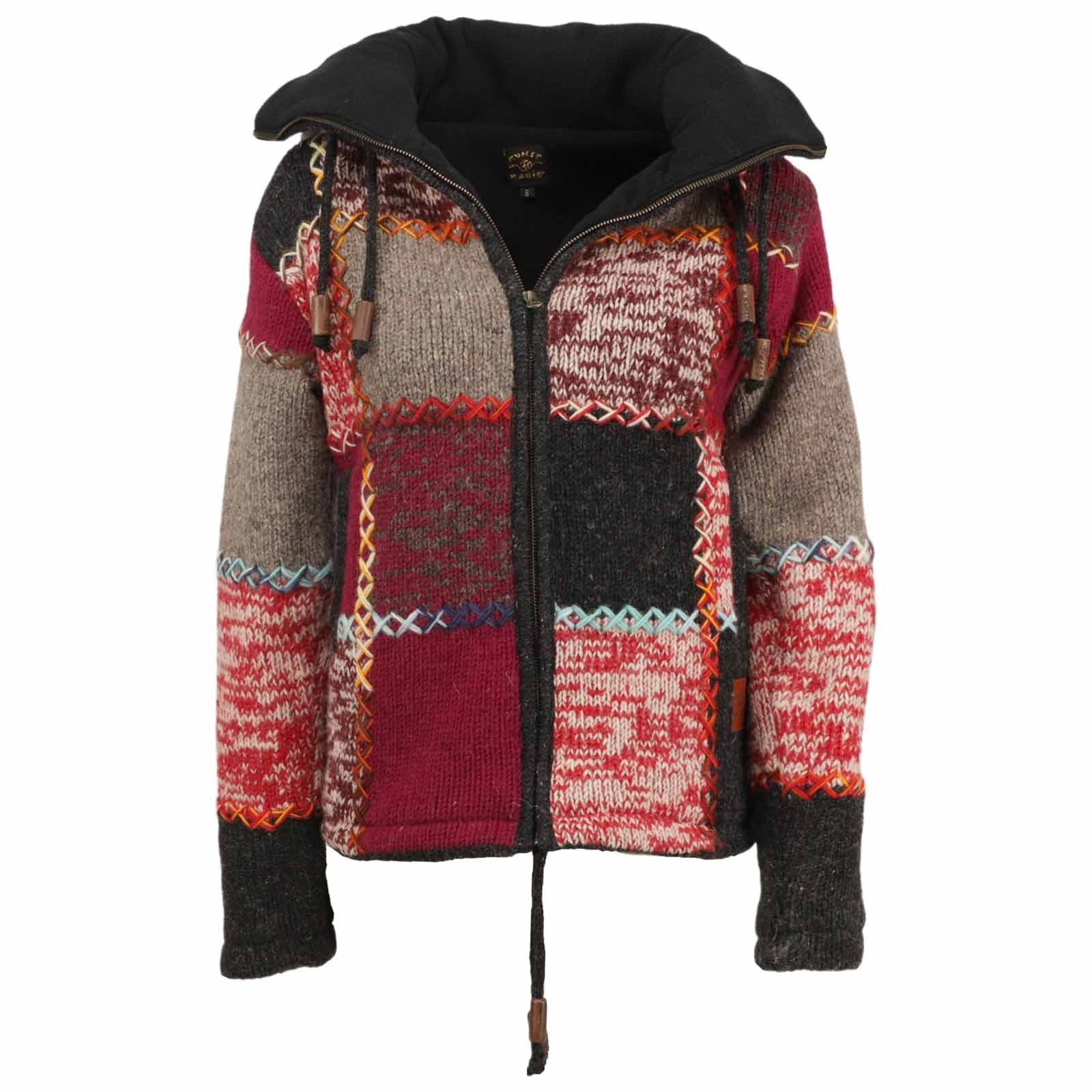 KUNST UND MAGIE Kapuzenstrickjacke Strickjacke Wolle Bunte Patchworkjacke Fleecefutter abnehmbarer Kapuze