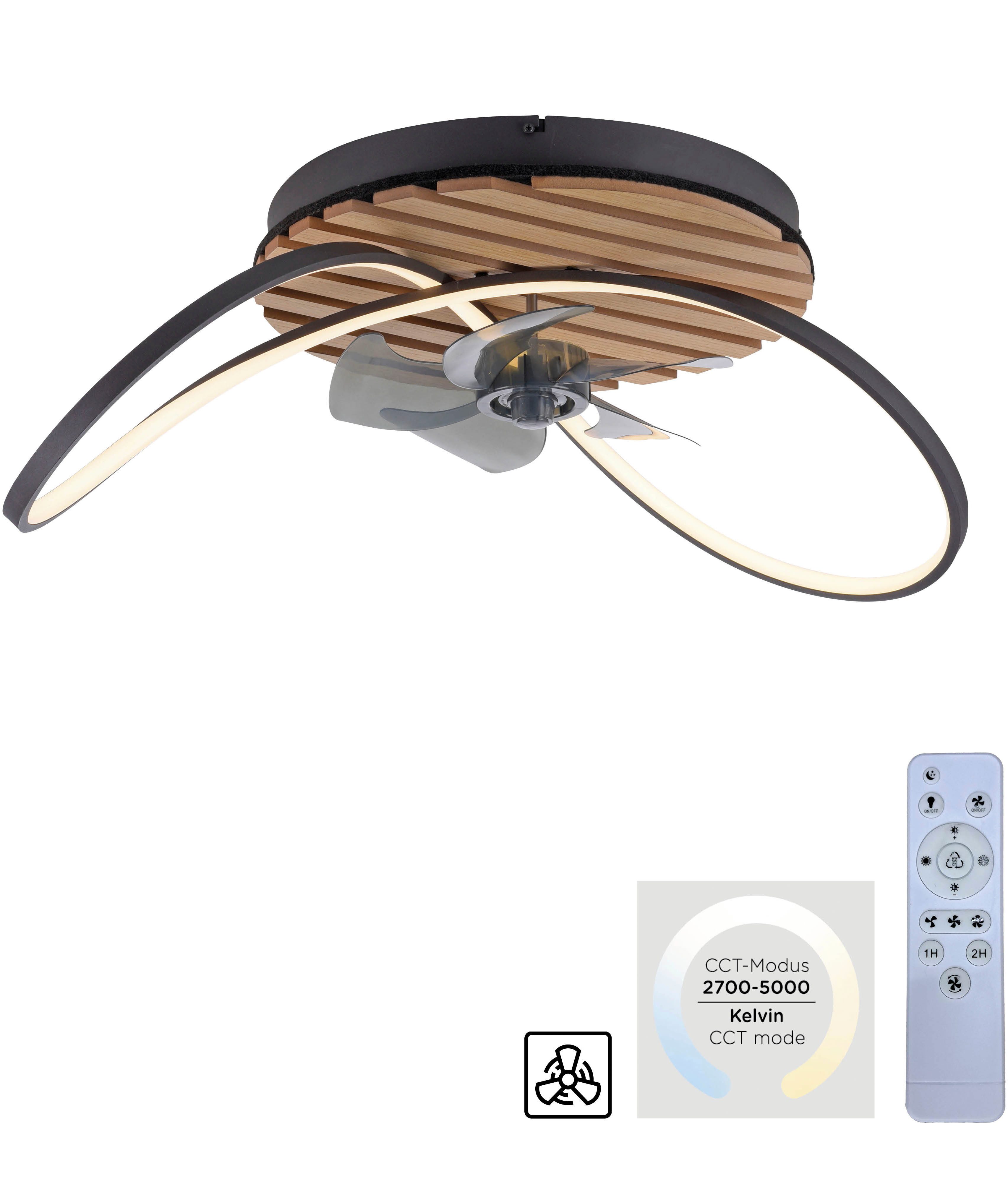 OTTO home Deckenleuchte Ullii Akustikpaneele, CCT - über Fernbedienung, Dimmfunktion, Ein-/Ausschalter, Farbsteuerung, Farbwechsel, Memory, nach Trennung vom Netz, Memoryfunktion, Nachtlichtfunktion, Timerfunktion, Ventilatorfunktion, dimmbar über Fernbedienung, mehrere Helligkeitsstufen, LED fest integriert, warmweiß - kaltweiß, Deckenventilator, Holz, Akustik, Paneele, Ventilator, Lampe