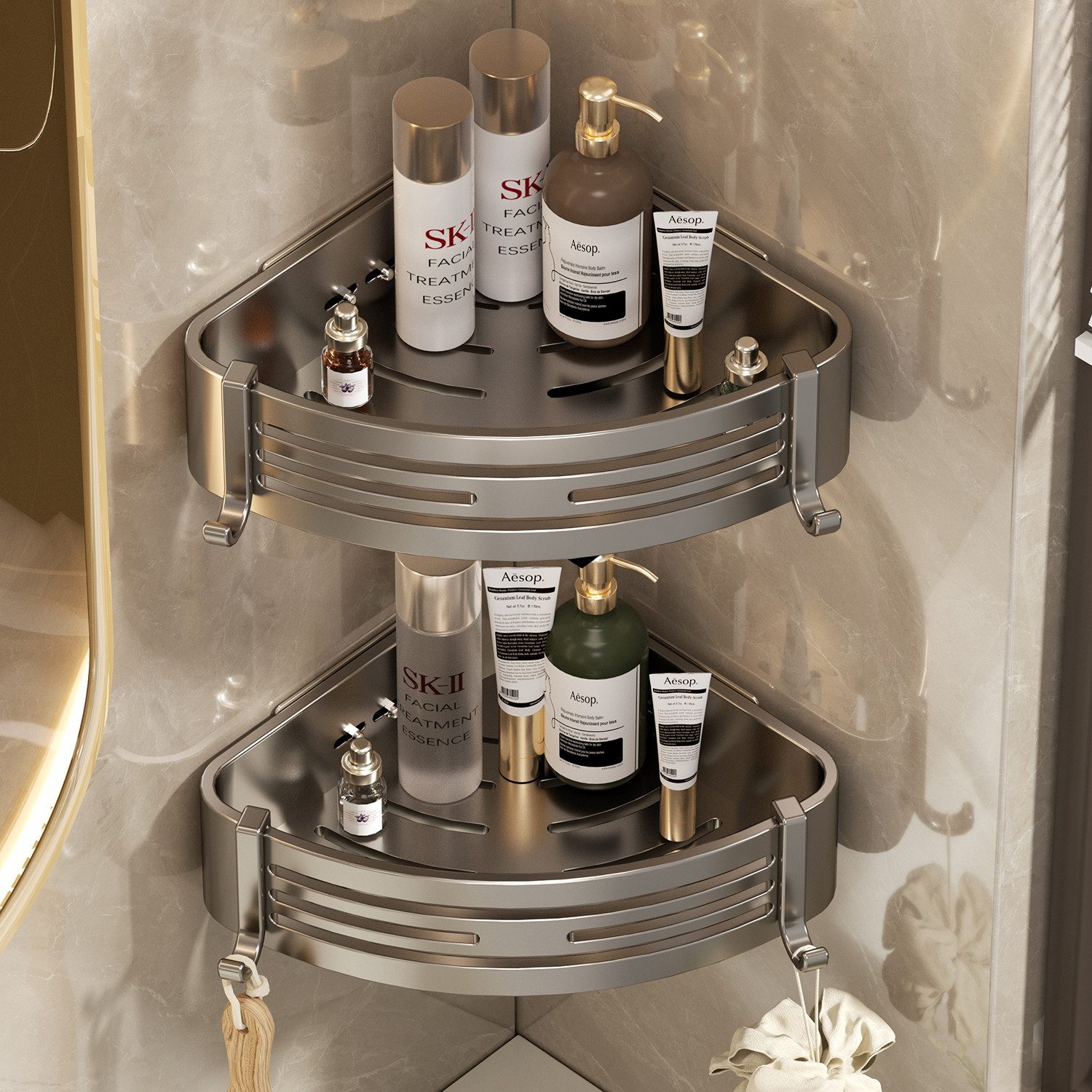 SURFOU Badregal Ecke Duschablage Ohne Bohren 2-Stück Duschregal Badezimmer Organizer, mit 4 Klebeflächen und 4 Haken 2-tlg., Rostfreier Edelstahl, für Bäder Küc – Bild 3 von 5
