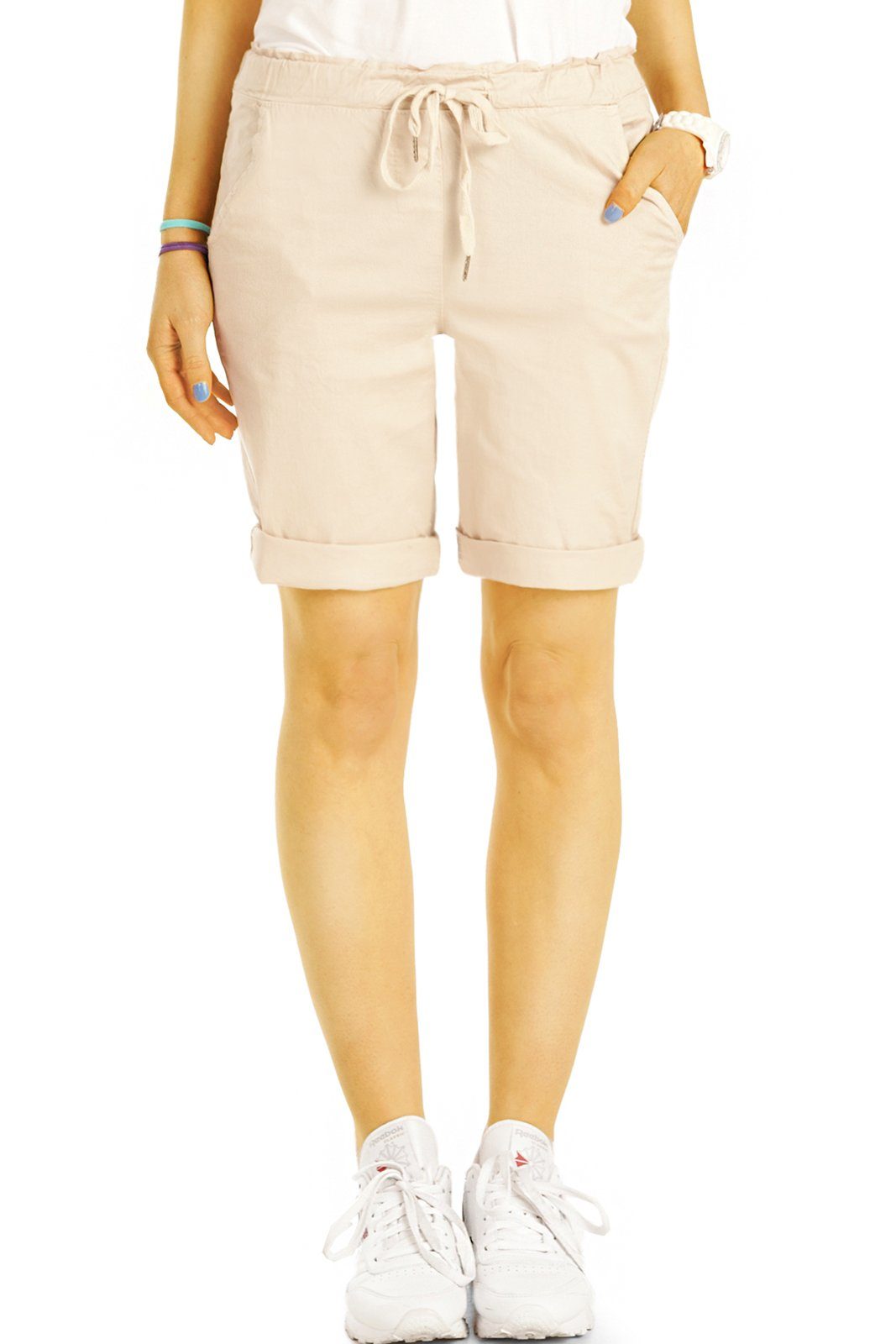 be styled Shorts Chino Stoff Kurze Unifarben, mit beige lockere Shorts - Hosen Kordelzug in Damen h28a - Bund elastischem Kordelzug, - mit mit