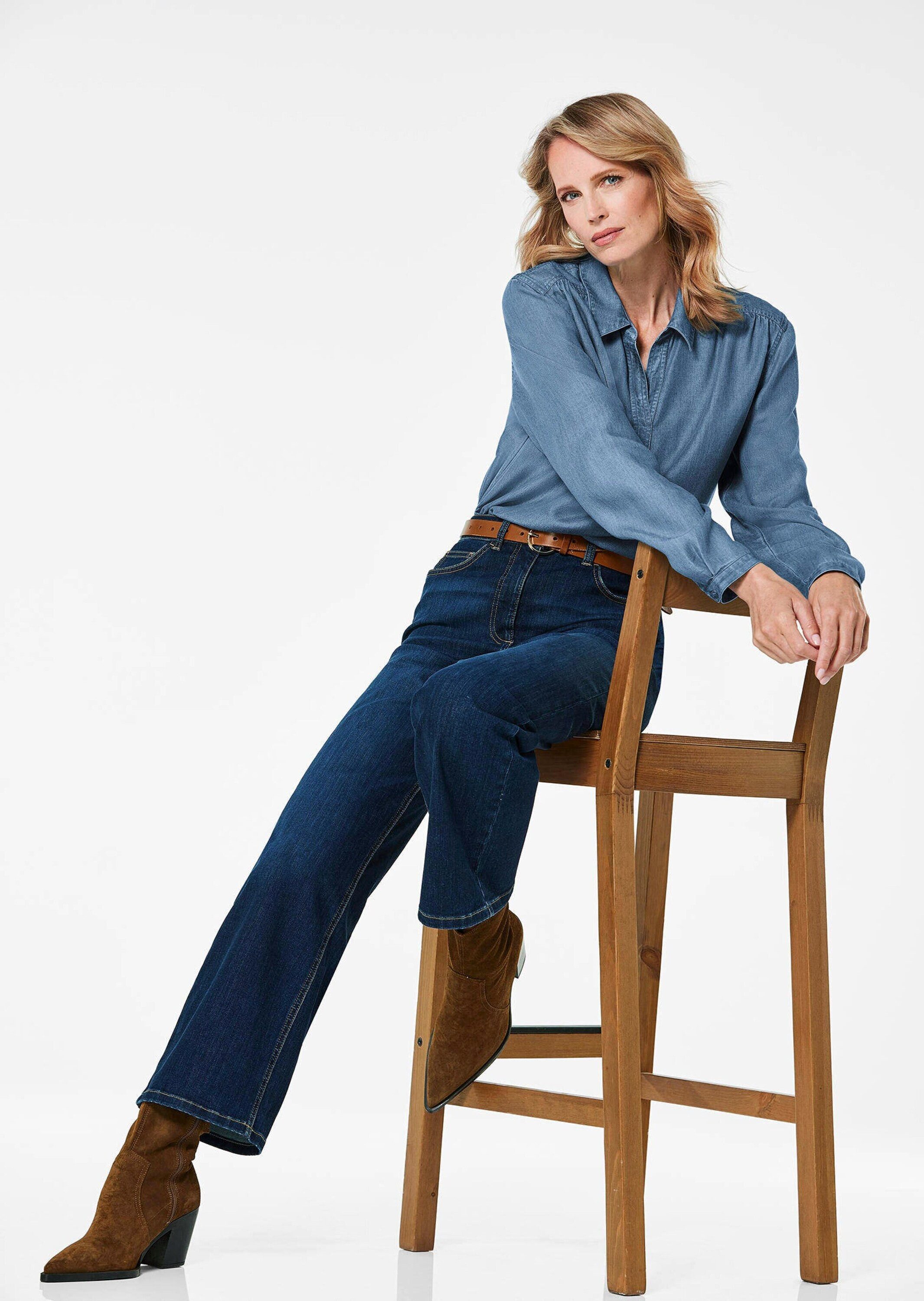 GOLDNER Klassische Bluse Denimbluse mit offenem Hemdkragen Hemdbluse mit Kräuselungen, Kellerfalten und Langarm