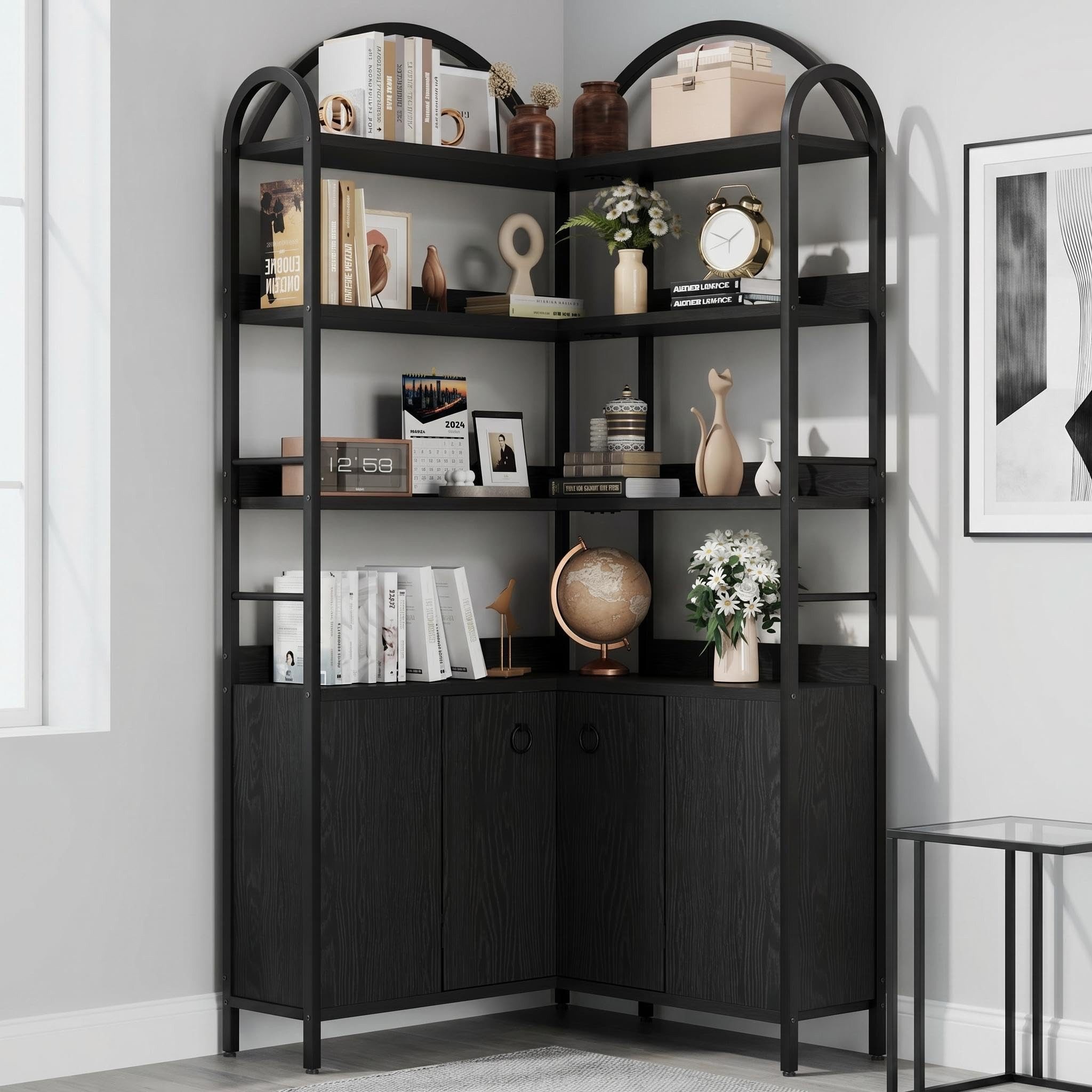 GarveeMore Bücherregal 6 Ebenen L-förmiges Eckregal Ablageregal Stauraumregal Mehrzweckregal, 189 cm Bogen Eckbücherregal Aktenregal Regal Standregal, Metallrahmen