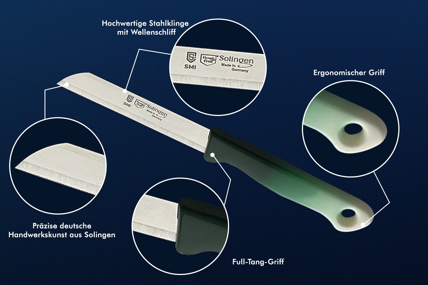 SMI Gemüsemesser 6-tlg Gemüsemesser Set Solingen Schälmesser Obstmesser Küchenmesser, Klinge mit Wellenschliff