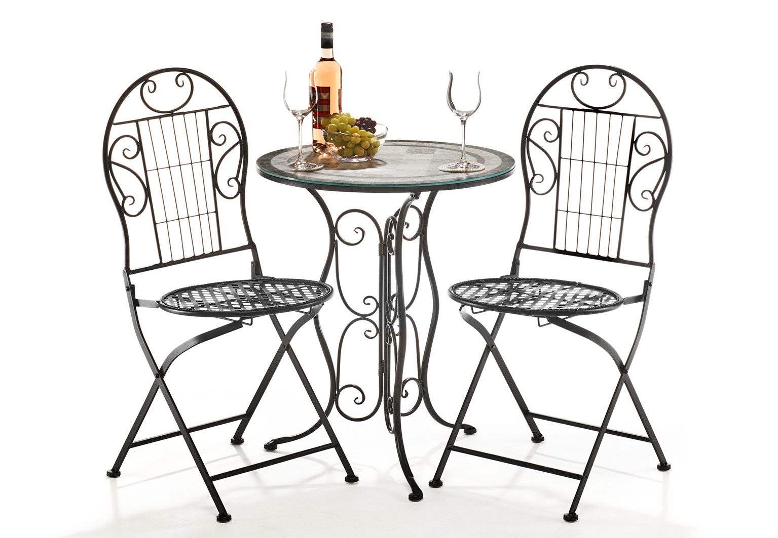 Kobolo Balkonset Sitzgruppe Gartenmöbel Tisch Stühle, Bistro Set Gartengarnitur Möbel, (Set, 3-tlg., 3 Teile), Stühle klappbar 2 Personen Metall Glas