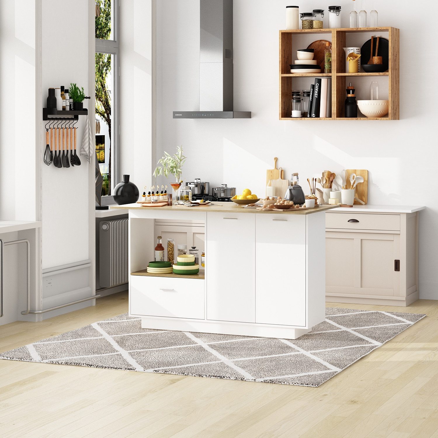 FUFU&GAGA Kücheninsel Kücheninsel mit Klapp-Arbeitsplatte, Weiß/Eiche, MDF, 150×40–80×93 cm