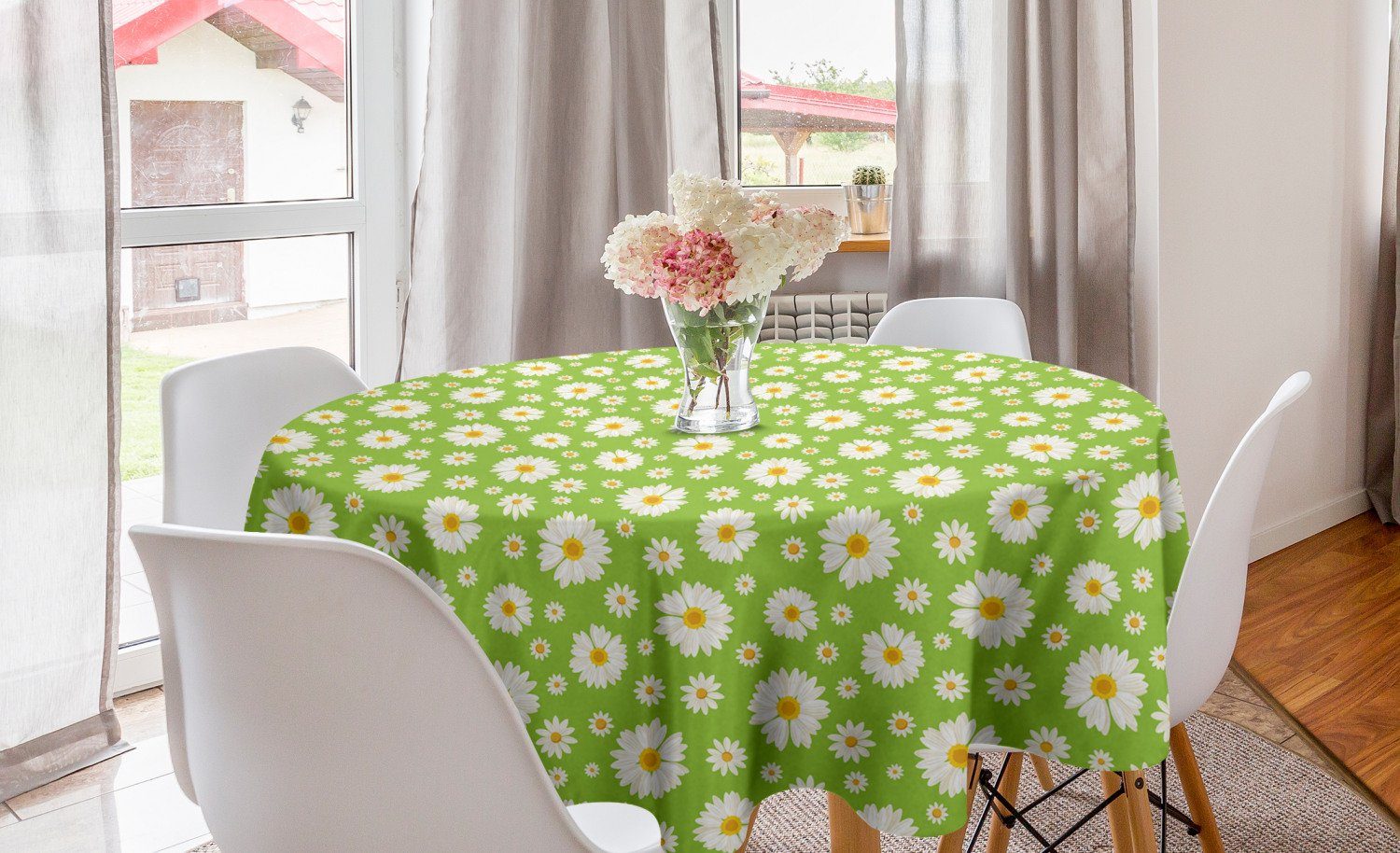 Abakuhaus Tischdecke Kreis Tischdecke Abdeckung für Esszimmer Küche Dekoration, Gänseblümchen Kamille Bloom auf Hellgrün