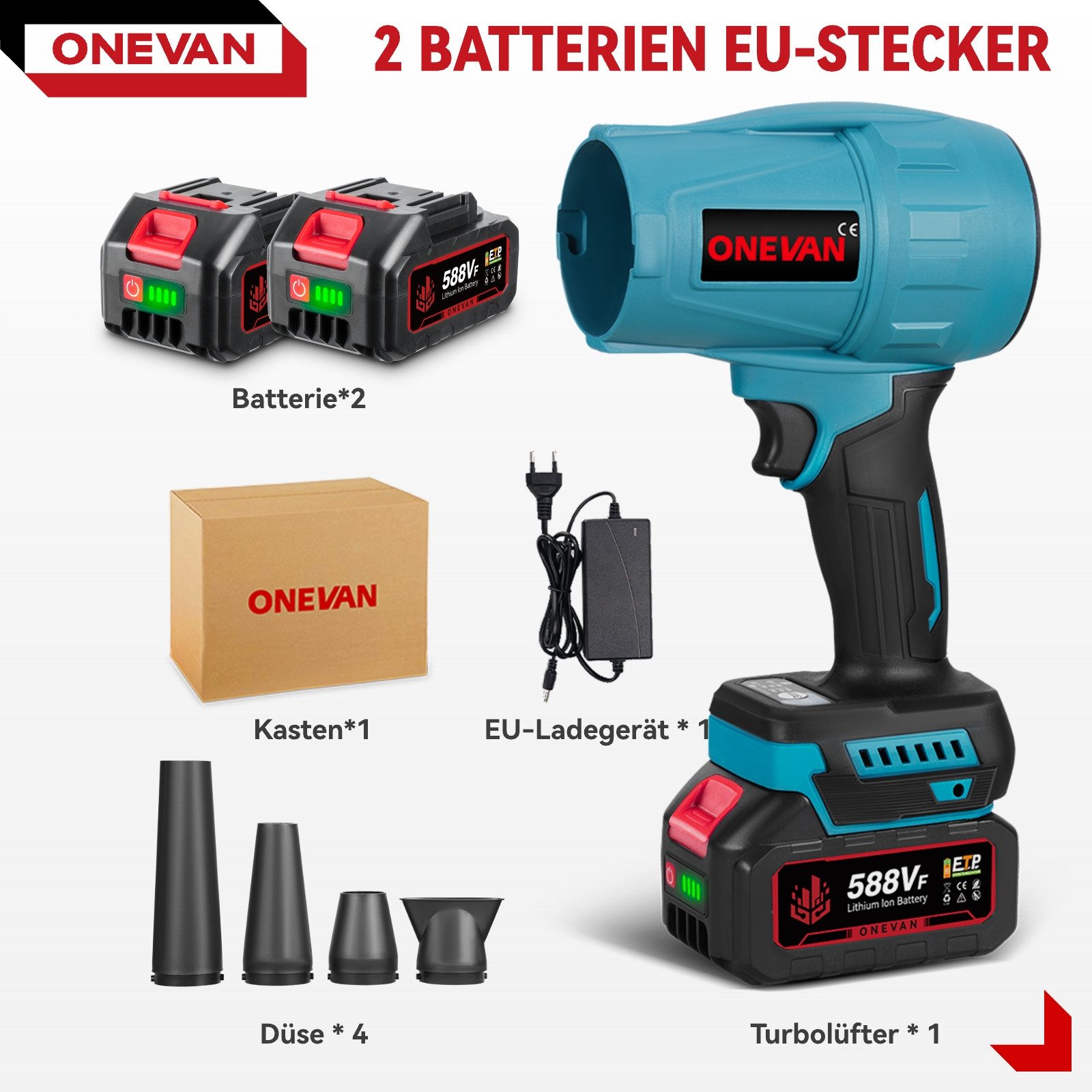 ONEVAN Akku-Laubbläser 540 h/km Elektrischer Gebläse mit 2 x Akkus & 4 x Düse, Bürstenlosen Laubbläser für Garten, Auto, Freien, Haus