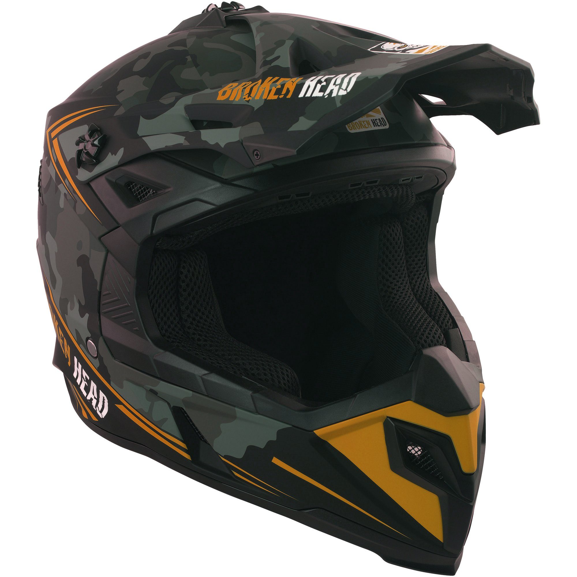 Motocrosshelm Squadron Rebelution Camouflage-Grau-Orange, mit Ratschen- und Doppel-D-Verschluss