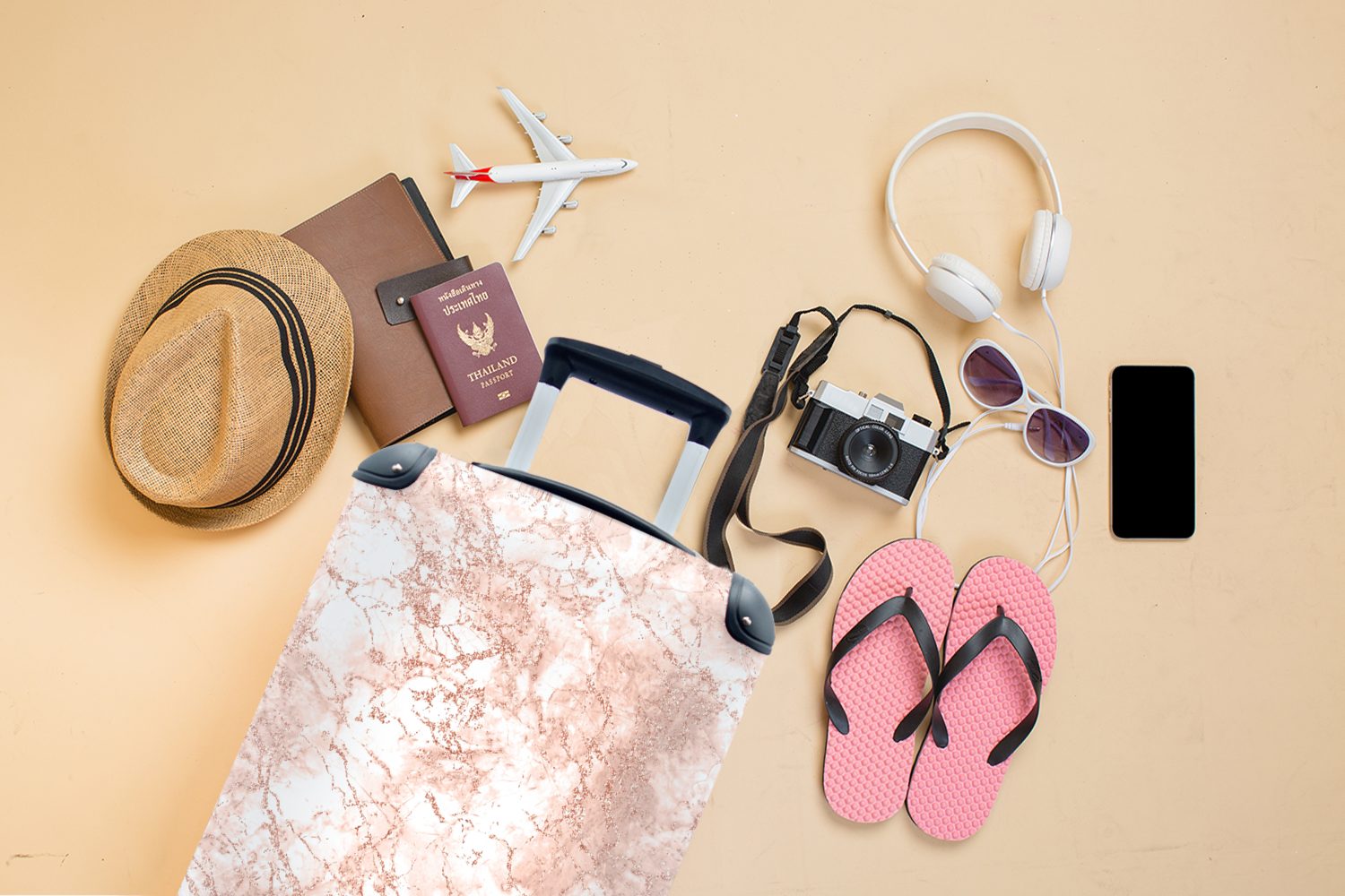 Ferien, rollen, Muster Handgepäck für Reisekoffer Reisetasche Handgepäckkoffer MuchoWow Luxus, 4 mit - Rollen, Trolley, - Marmor