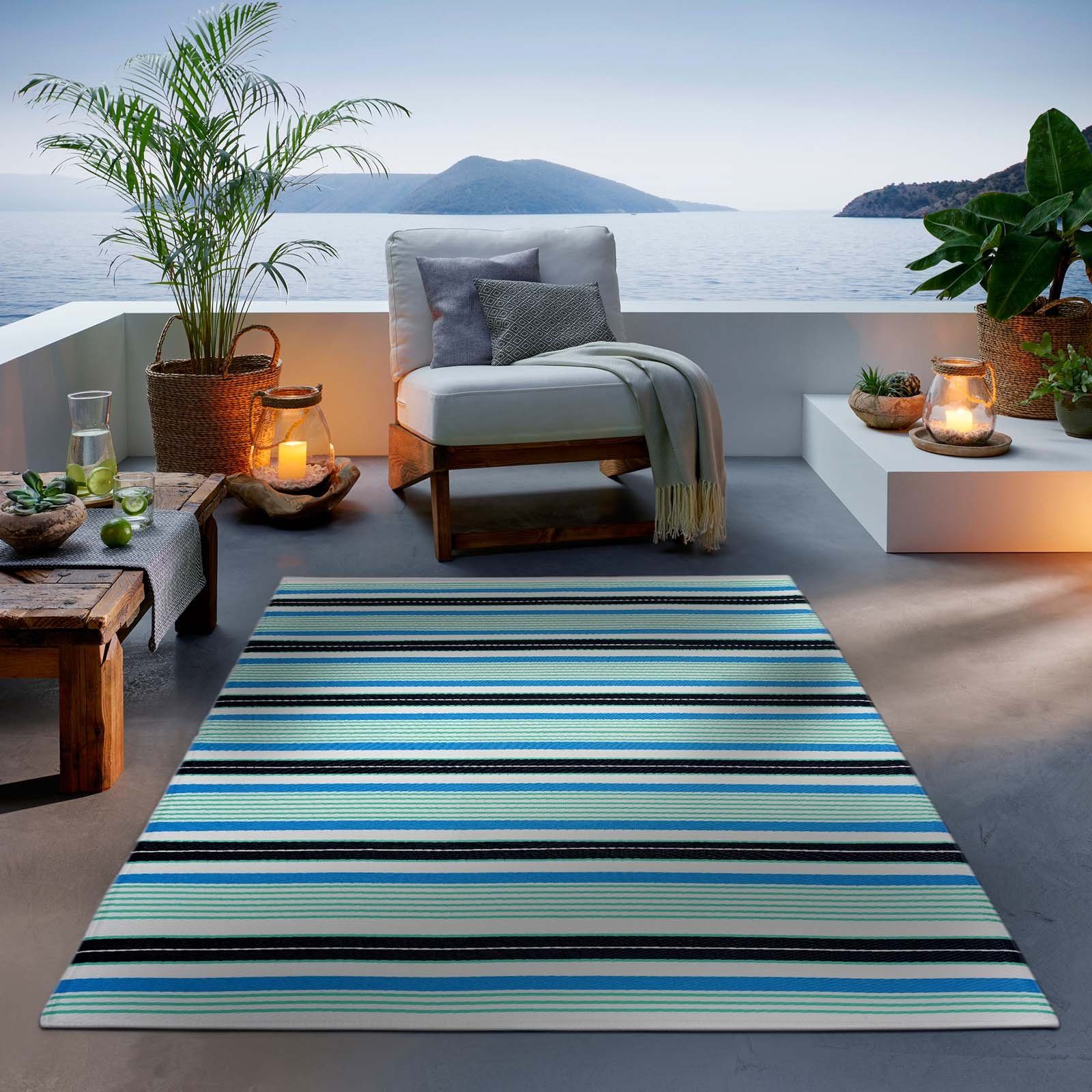 Teppich Outdoor & Indoor Teppich, TaCa Home, rechteckig, Höhe: 3 mm, Terrasse Balkon Garten Wohnzimmer Küche, Hellblau - 80 x 150 cm Blau-Grün Streifen