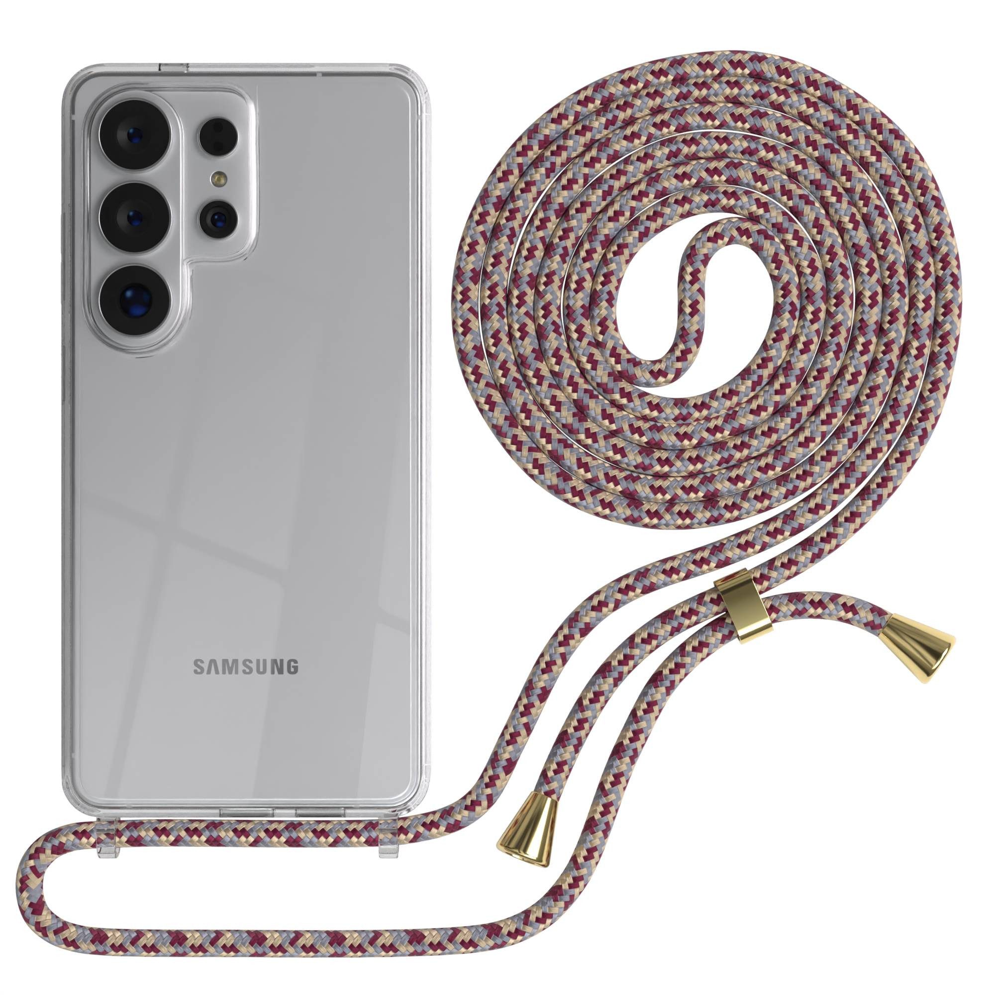 EAZY CASE Handykette Hülle mit Band für Samsung Galaxy S26 Ultra 6,9 Zoll, Hülle mit Umhängeband Bumper Case Hülle mit Band Rot Beige Camouflage