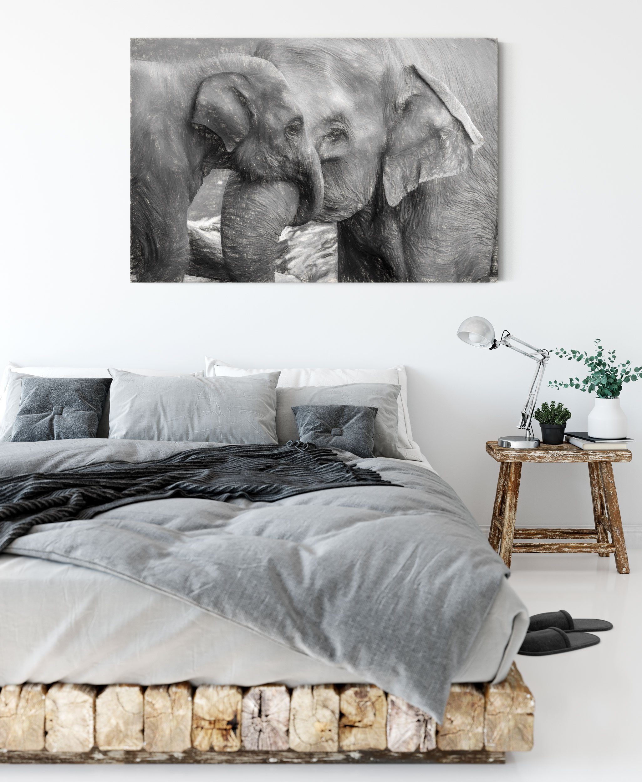 Zackenaufhänger St), Leinwandbild Elefantenmutter mit bespannt, Leinwandbild mit (1 Kalb fertig Pixxprint inkl. Elefantenmutter Kalb,