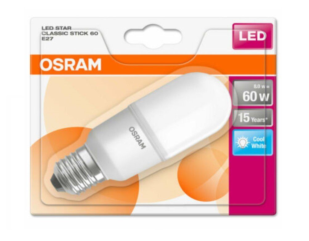 Stick 60W Osram LED Lampe E27 8W E27, Kaltweiß 4000K, LED-Leuchtmittel 806lm = Star Osram Kaltweiß Röhre
