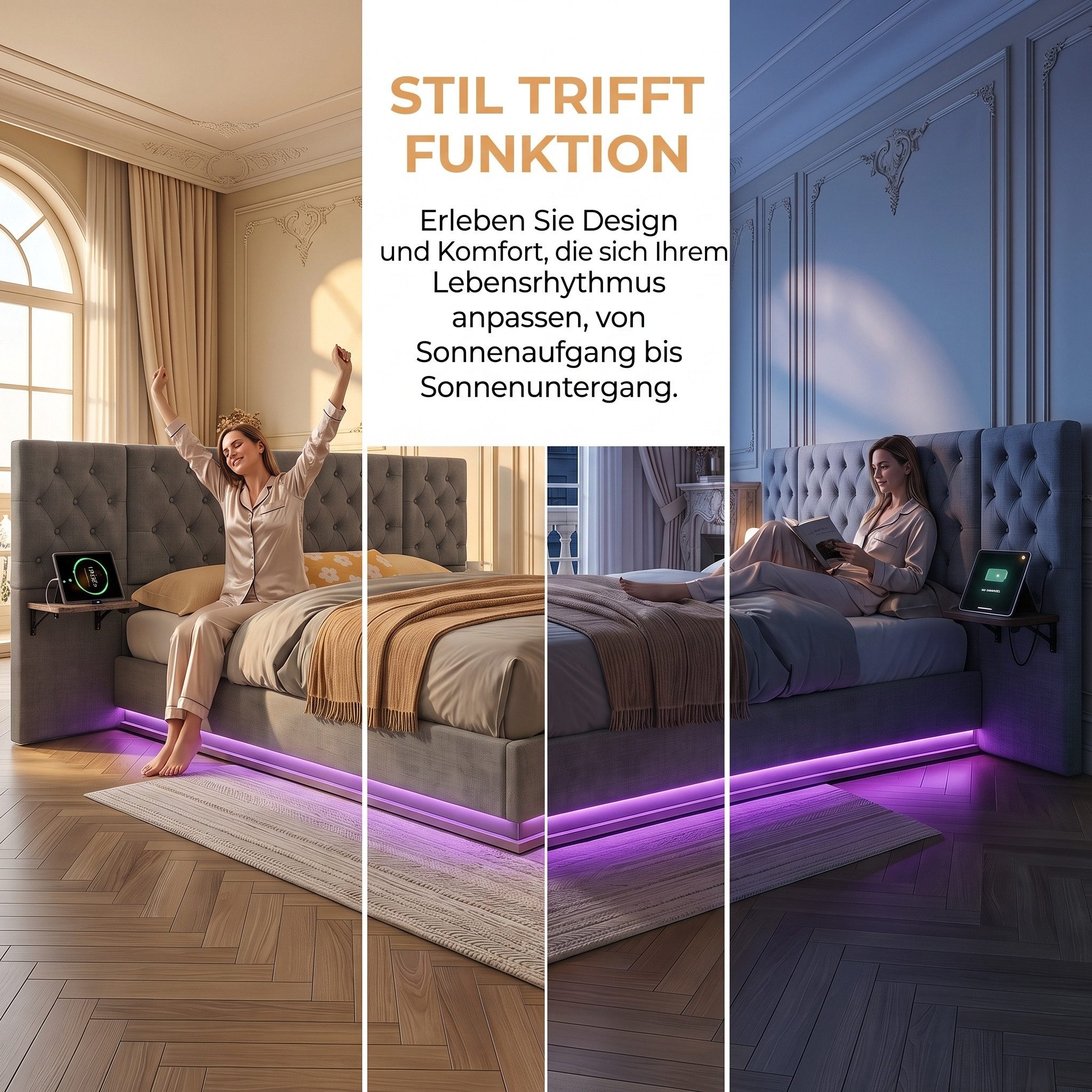 PXloue Polsterbett Modernes Polsterbett mit LED-Beleuchtung (Chesterfield-Design), Bettkasten, Ladefunktion, Leinen, 160x200 cm – Bild 2 von 5