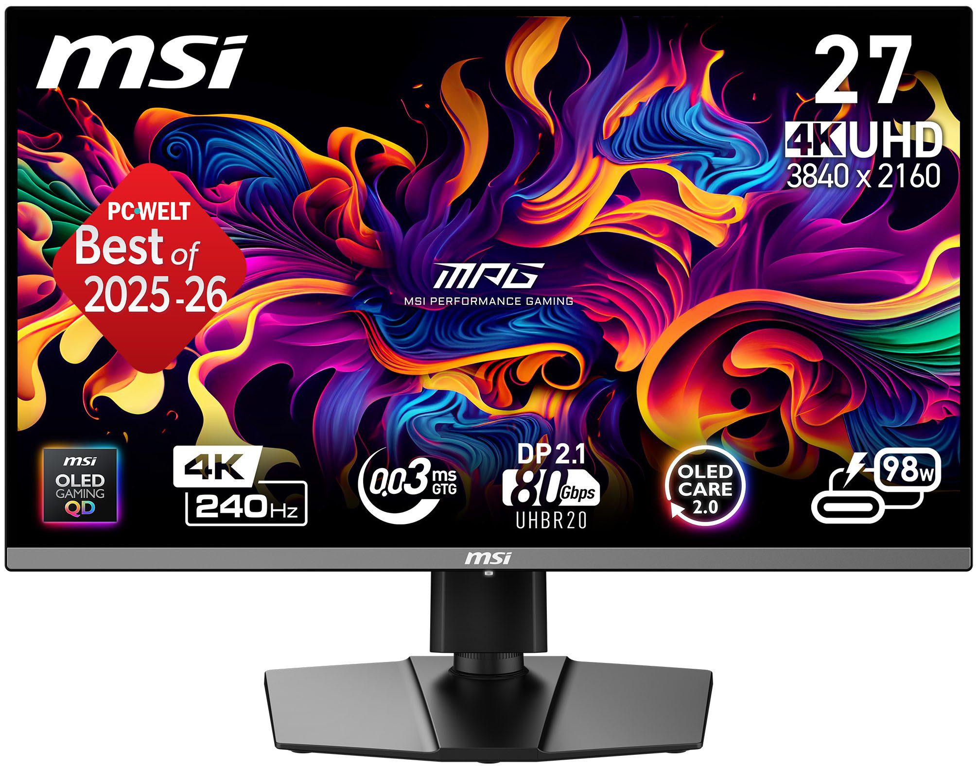 MSI MPG 272URX QD-OLED OLED-Monitor (67 cm/27 ", 3840 x 2160 px, 4K Ultra HD, 0,03 ms Reaktionszeit, 240 Hz, QD-OLED)