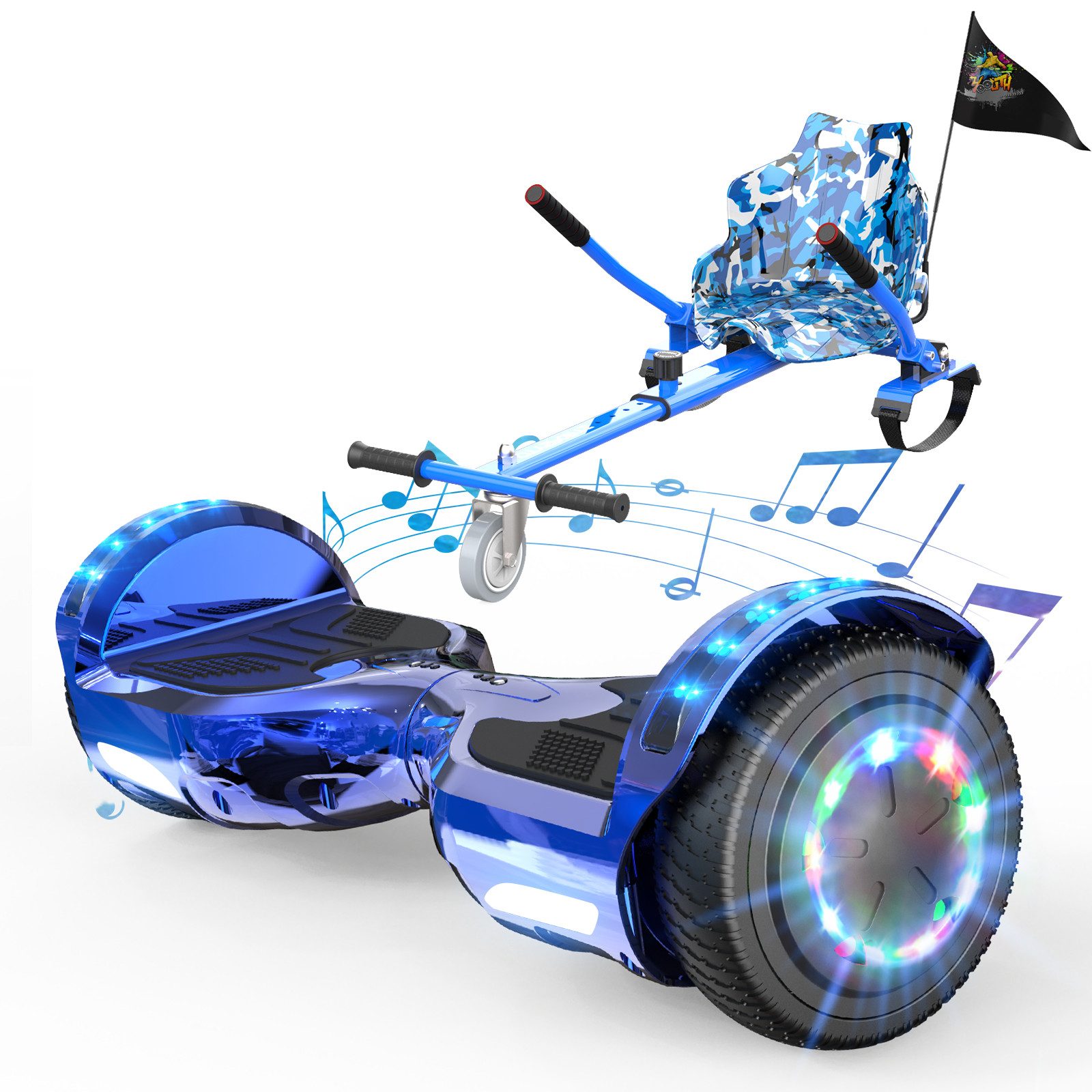 EVERCROSS TECH Balance Scooter Kart 6.5” Hoverboard mit Sitz, Leuchtende Reifen, Bluetooth-Musik, LED-Lichter, bis zu 10-15 km, Geschenke für Kinder
