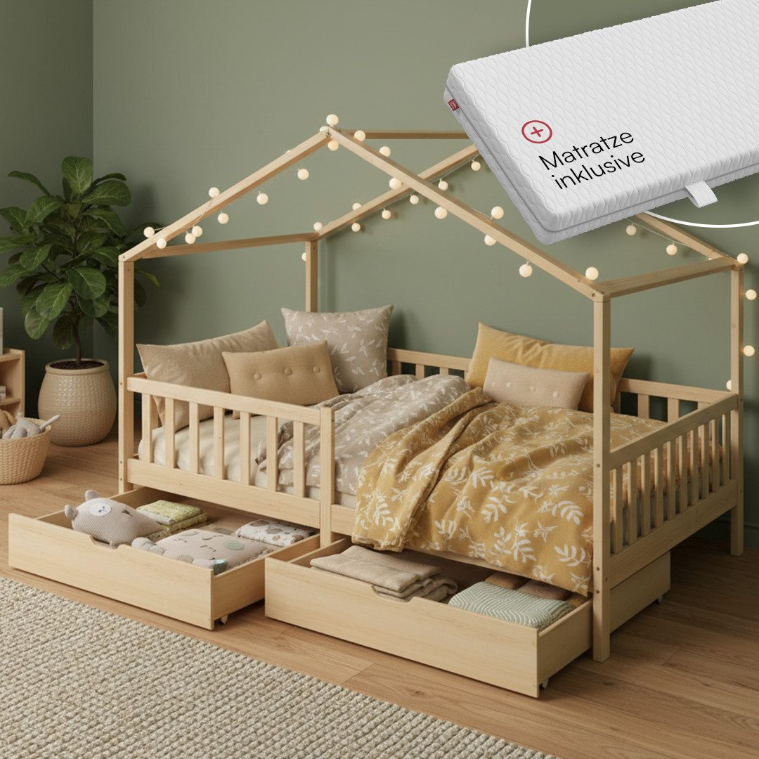 Bellabino Kinderbett Bia mit Rausfallschutz & Lattenrost (natur, mit zwei Schubladen und Matratze), Kinderbett aus Kiefernholz, verfügbar in 80x160/90/120/140x200 cm