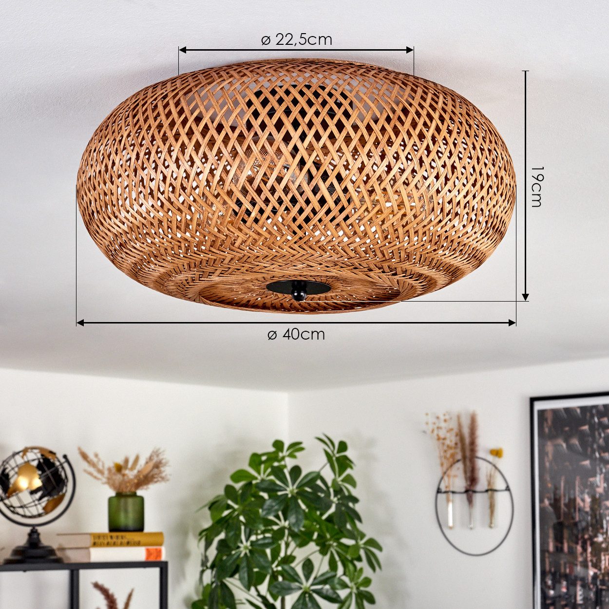 hofstein Deckenleuchte moderne Deckenlampe aus Metall/Bambus/Holz in Schwarz/Natur, ohne Leuchtmittel, Boho-Design Deckenleuchte,Lichteffekt, Ø40cm, 3xE27, ohne – Bild 4 von 5