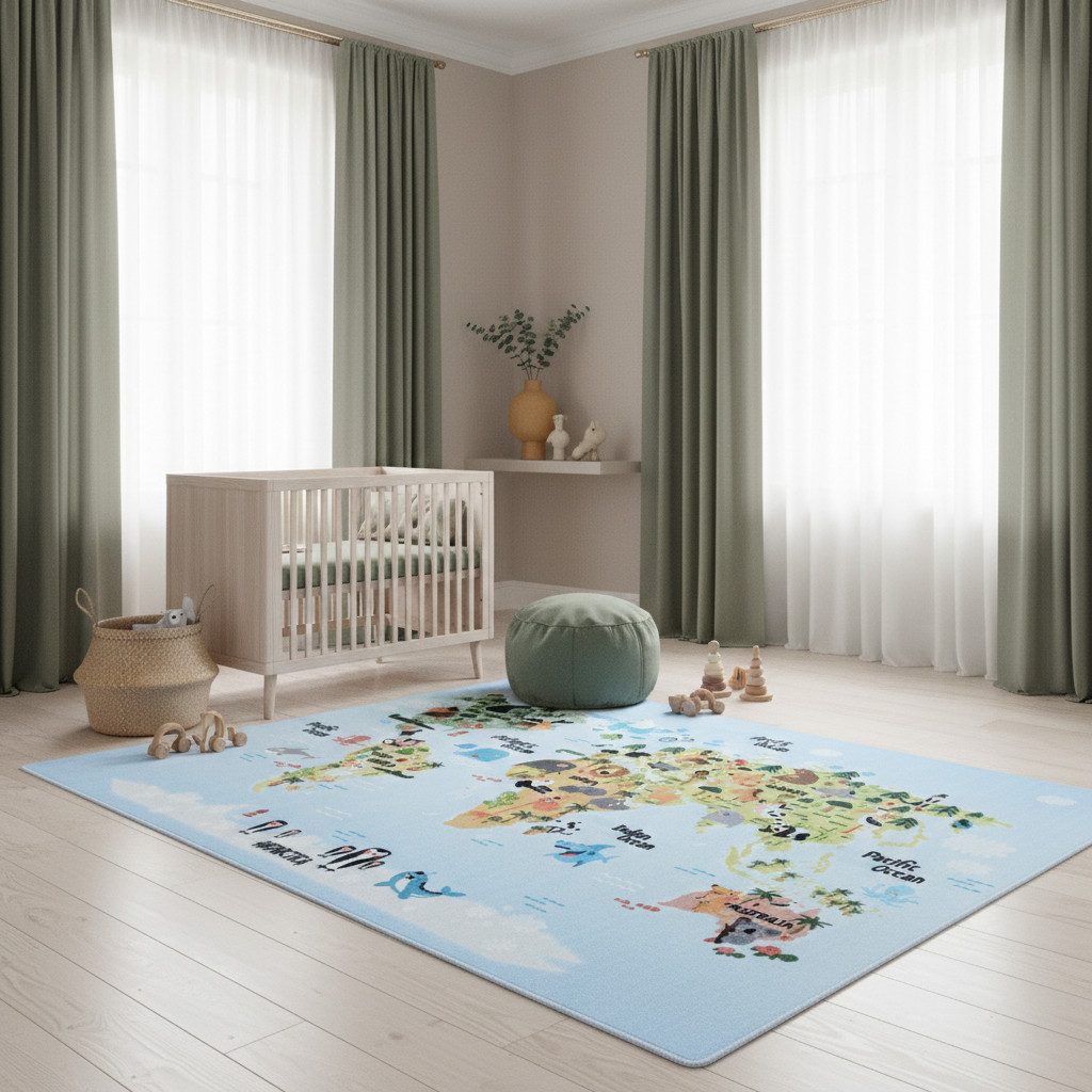 KADIMA DESIGN Kinderteppich Kinderteppich Weltkarte Tiere TRAUN Kinderzimmer rutschfest Blau, Rechteckig, Höhe: 8 mm, 100x150 cm, Strapazierfähig Fußbodenheizung Weltkarte Waschbar