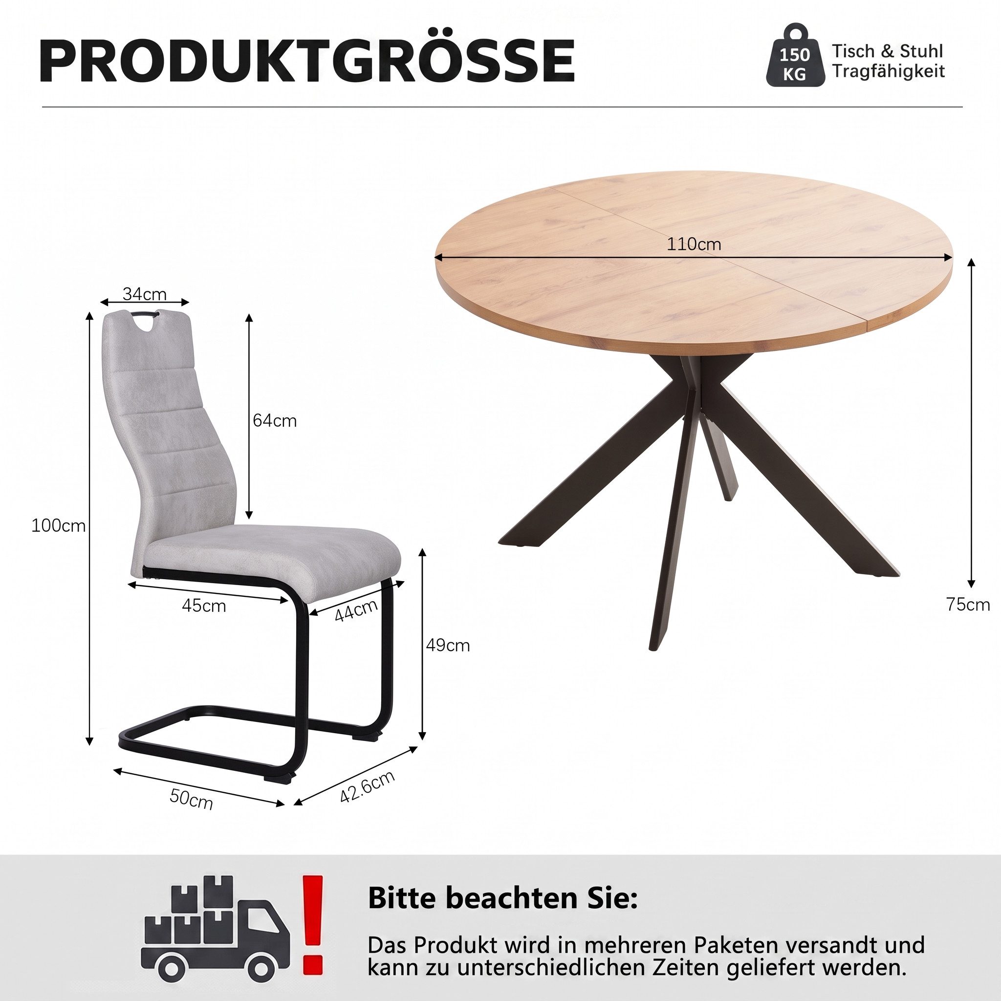 Jiexi Essgruppe Runder Esstisch 110cm MDF Eiche Set mit 4 Hightech Freischwinger