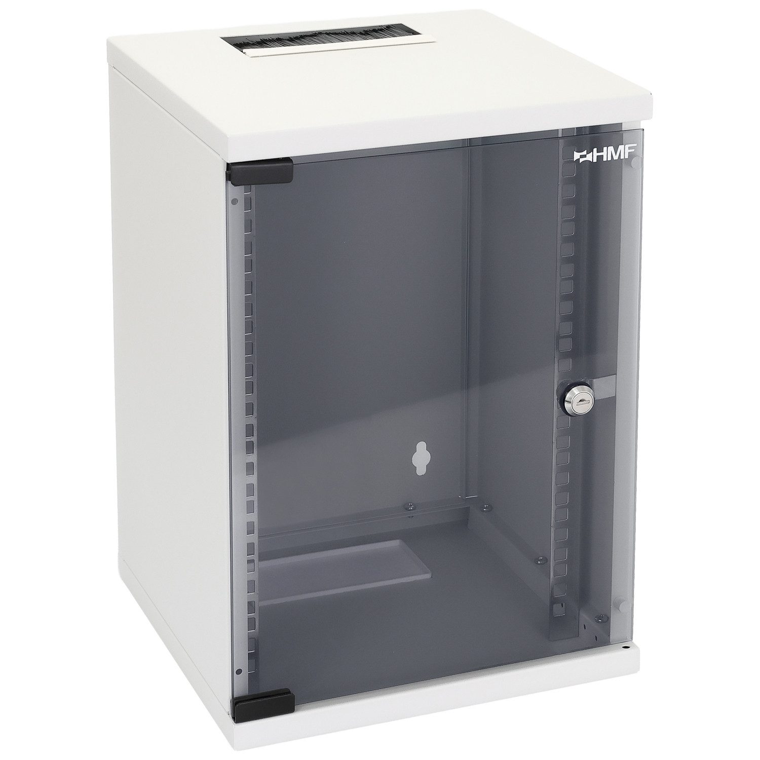 HMF Serverschrank Netzwerkschrank, Serverschrank, 9 HE, 300 mm Tiefe, Voll montiert, Glastür, Lichtgrau