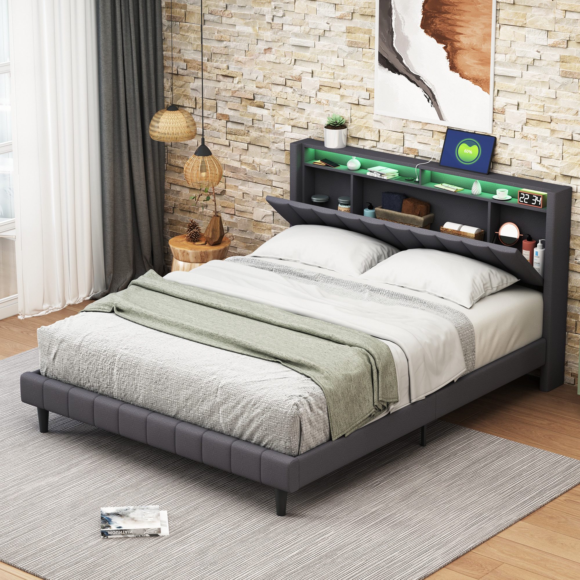 Furnishings Home Polsterbett Stauraumbett Doppelbett, LED + Ladefunktion (6 günstig online kaufen