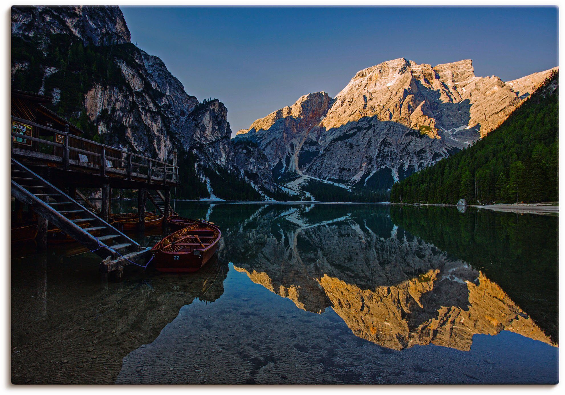 versch. Wandbild als Berge Pragser (1 in Poster Leinwandbild, Morgens St), am Wildsee, Alpenbilder Größen & Wandaufkleber Artland Alubild, oder