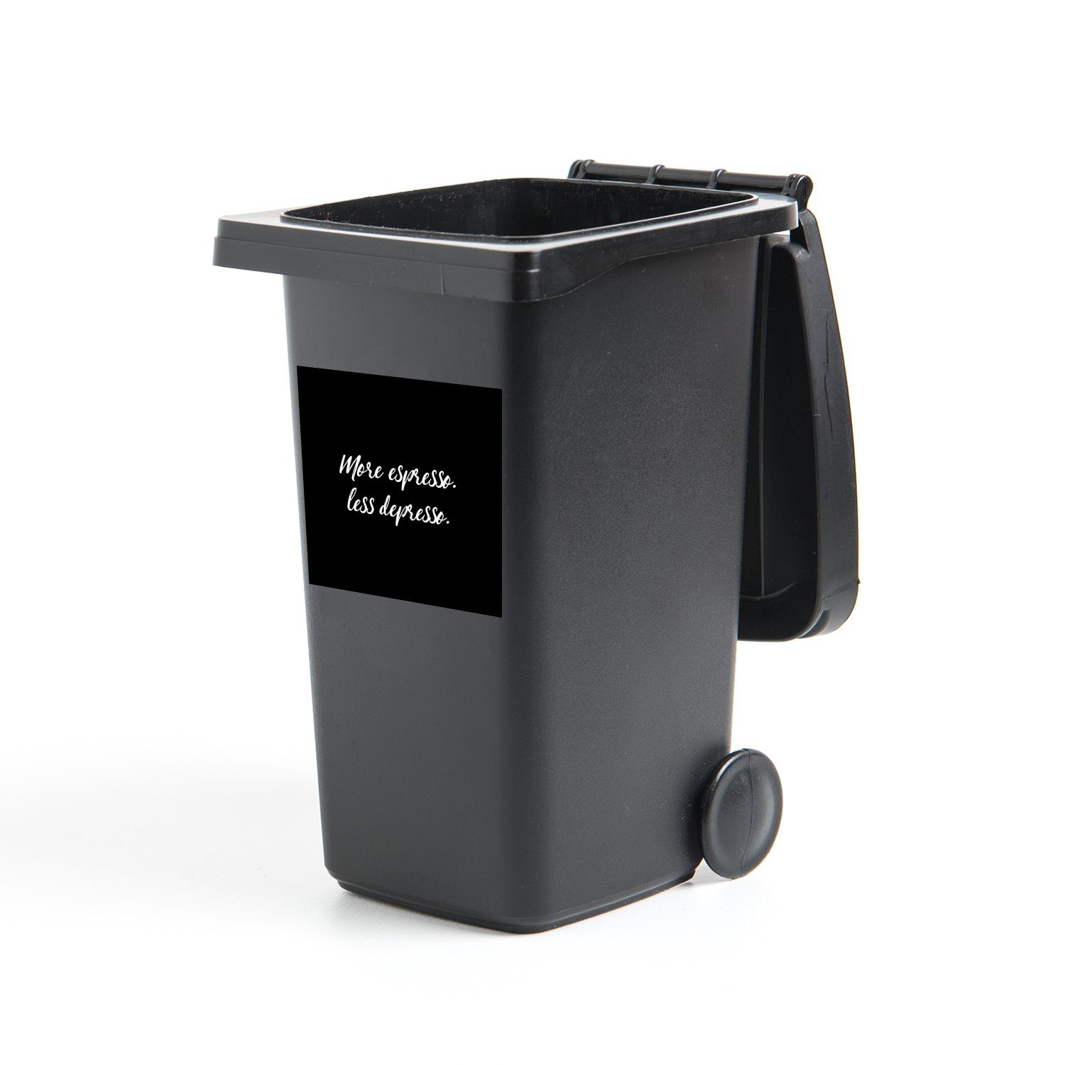 MuchoWow Wandsticker Zitate - Kaffee - Mehr Espresso weniger Depresso - Sprichwörter - (1 St), Mülleimer-aufkleber, Mülltonne, Sticker, Container, Abfalbehälter