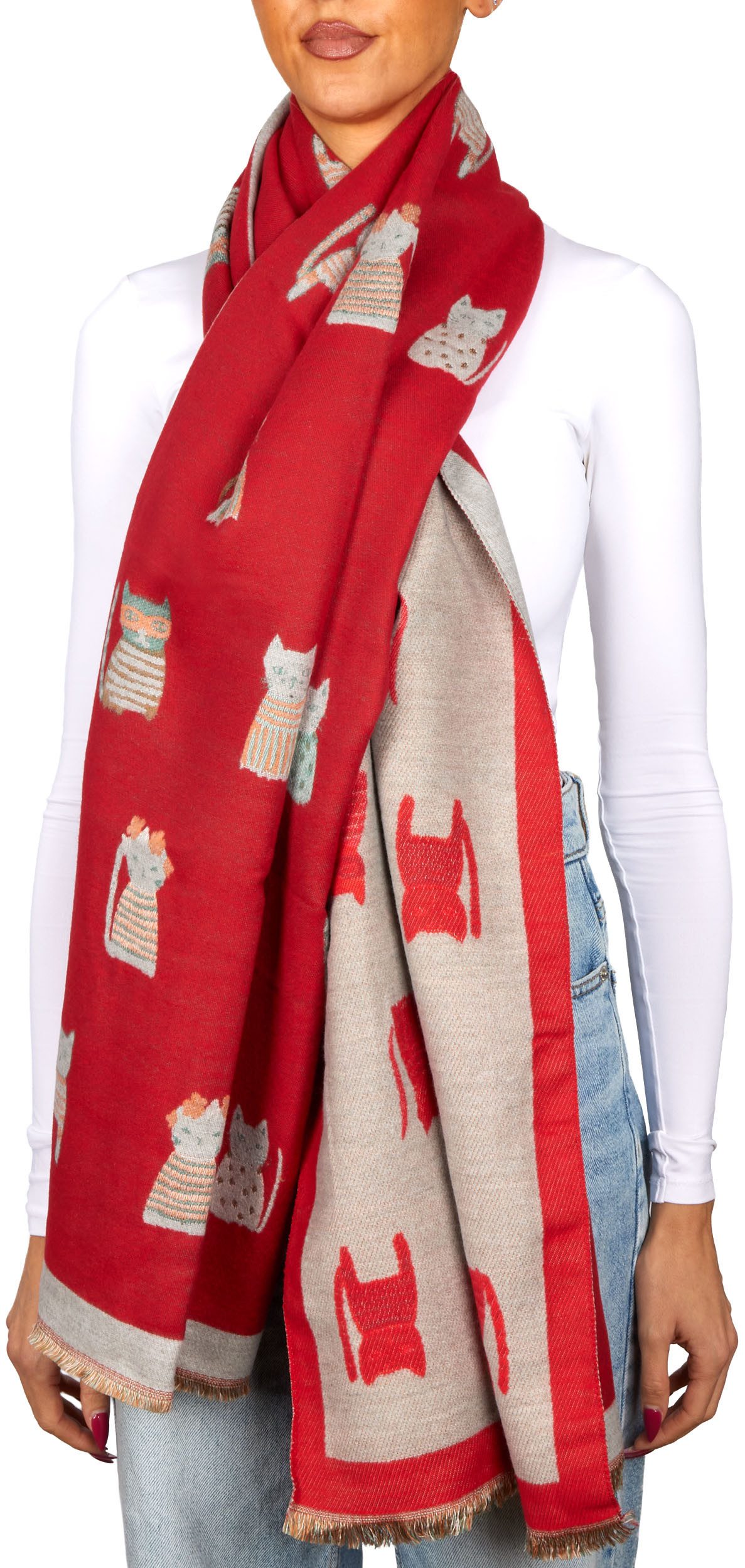 BRUBAKER Schal Cashmirillo Damen Schal mit Katzen Muster - 70 x 200 cm, (Herbstschal Winterschal, 1-St. Weiches Kaschmir-Gefühl), Warm, Kuschelig und Oversized - Damenschal für Herbst und Winter