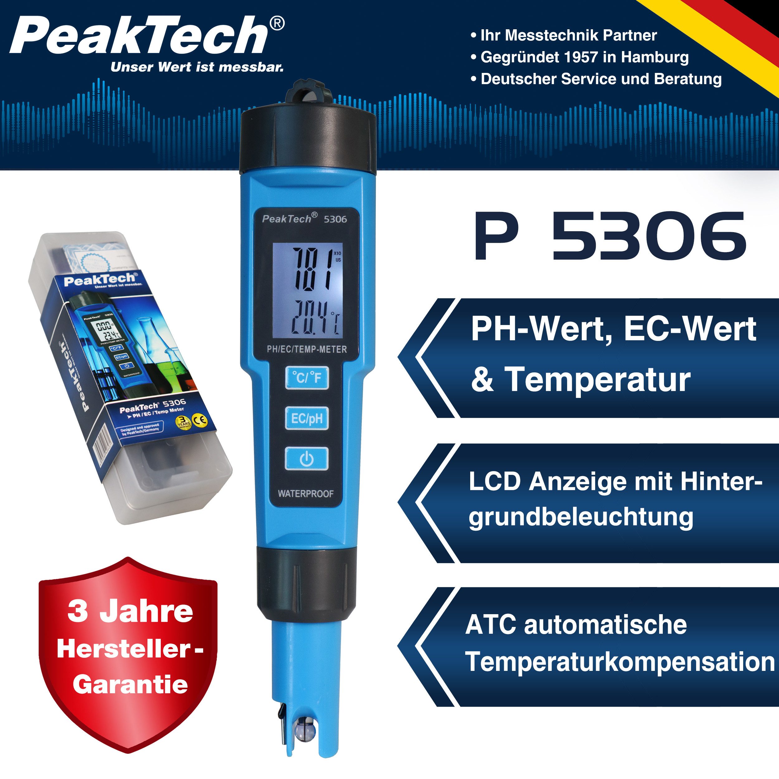 PeakTech Wassersensor 3 in 1 pH-Meter in Stiftform für pH/EC/TEMP