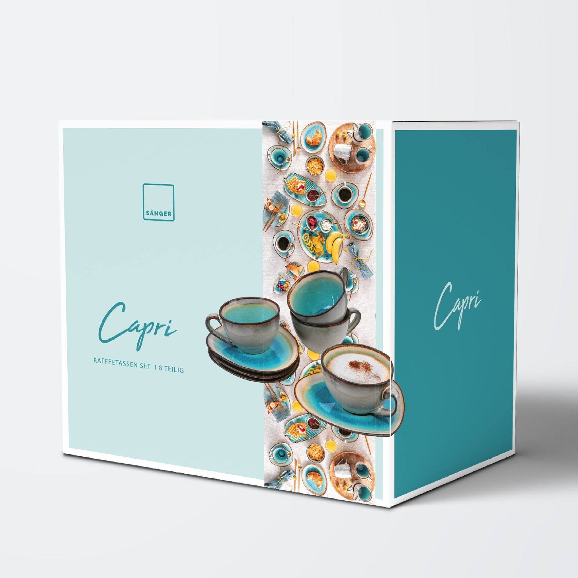 SÄNGER Kaffeeservice Capri Kaffeetassen Set Türkis Blau mit Grauem Rand (8-tlg), 4 Personen, Steingut, 230 ml, Handmade, Premium Collection – Bild 4 von 5