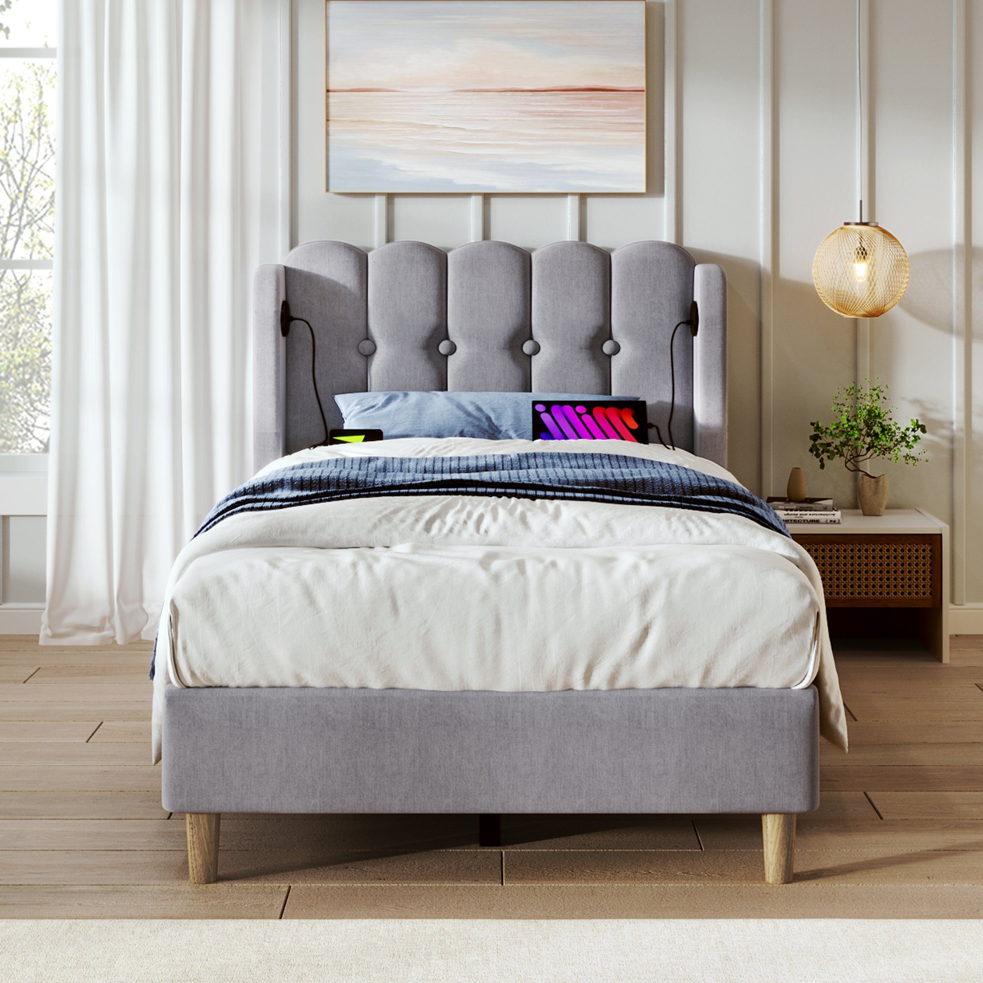 Polsterbett, Einzelbett mit USB Typ C Ladefunktion, 90x200 cm, Leinen