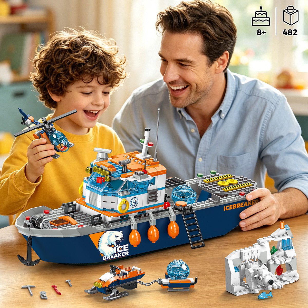 Hotmas Schwimmfähiges Ozean Forschungsboot Klemmbausteine Set Spielbausteine, (Set, 482 St., Ozean Forschungsboot mit U-Boot und Hubschrauber) – Bild 5 von 5