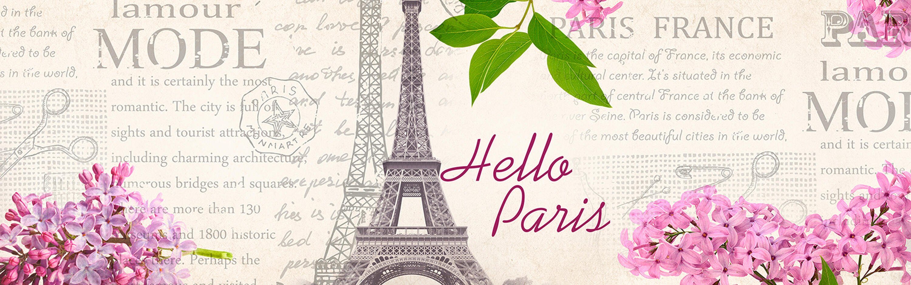versch. in (1-tlg), Küchenrückwand Paris rosa text, Premium Größen Blüten pink Hartschaum Eifelturm wandmotiv24 Nischenrückwand