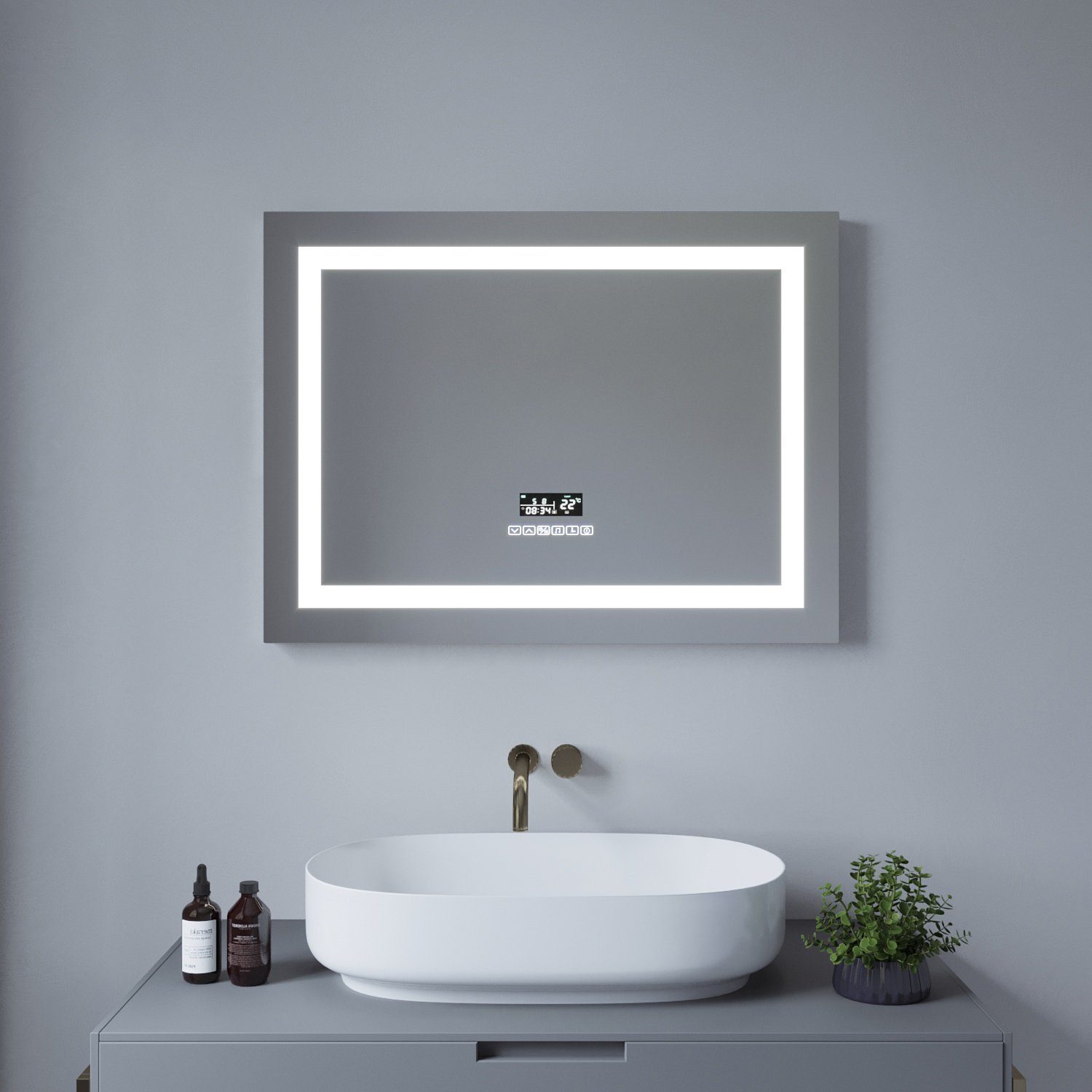 aqua batos Badspiegel »LED Badspiegel mit Beleuchtung Badezimmerspiegel  Touch Led Bad Spiegel mit Licht Lichtspiegel 80x60cm Wandspiegel«, Kaltweiß  6400K, Neutralweiß 4500k, Warmweiß 3000K, Bluetooth Lautsprecher, Analog-  oder Digitaluhr, Anzeige von ...