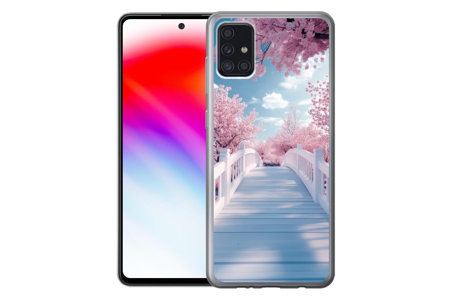 MuchoWow Handyhülle für Samsung Galaxy A52 5G Brücke - Kirschbäume - Weiß, Smartphone-Bumper, Print, Handy Schutzhülle Dünn