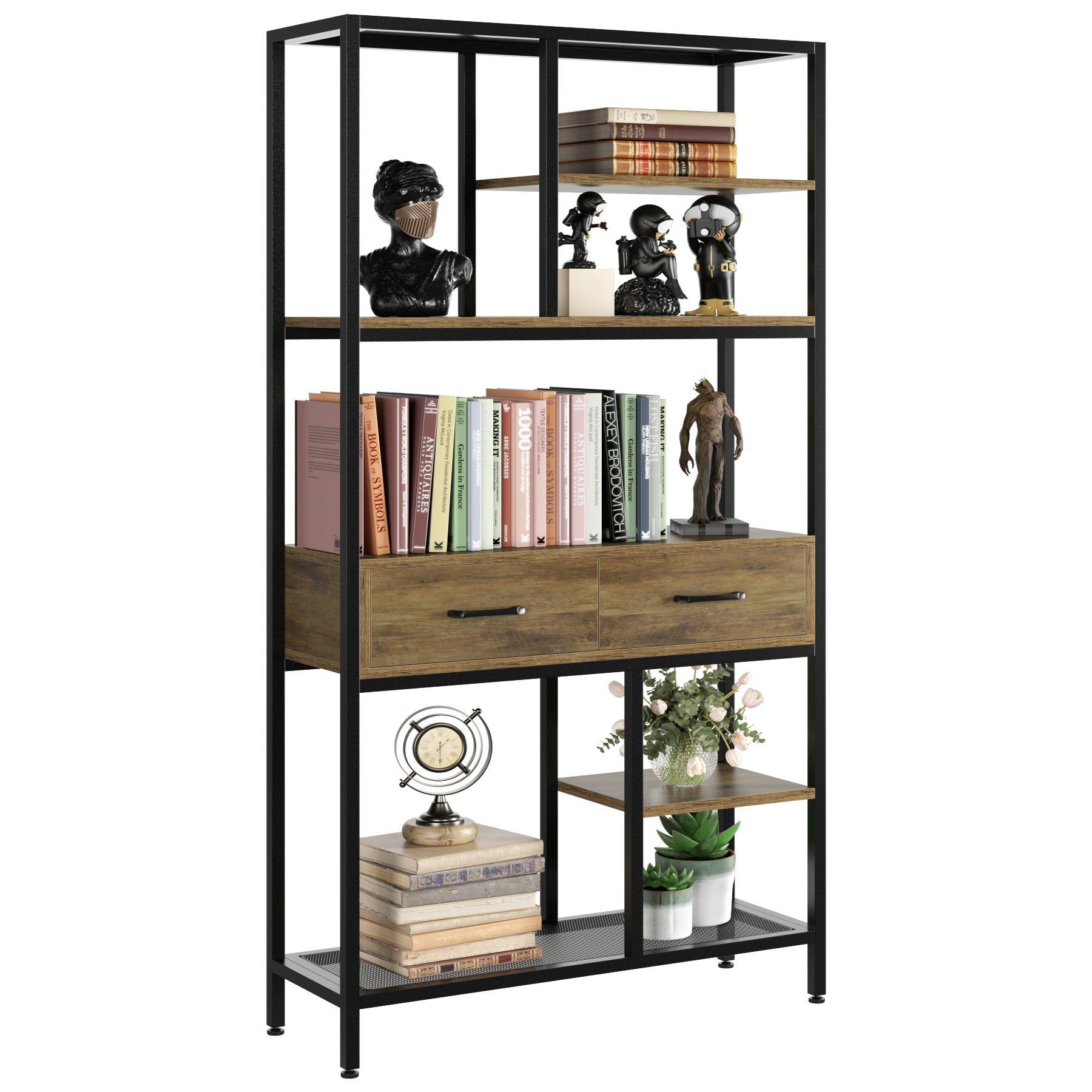 HOMECHO Bücherregal, Standregal mit Schubladen und Ablagen stabil 90x30x180cm