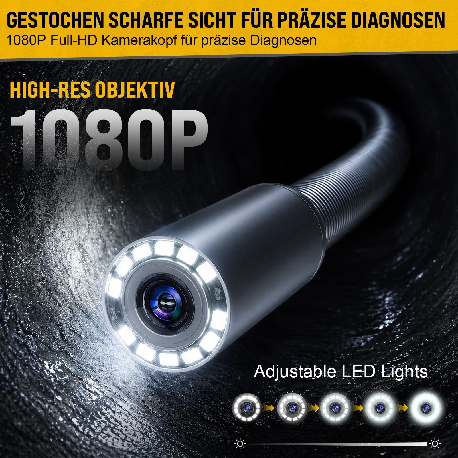ANYSUN Rohrkamera 30/50 m, 1080P Endoskopkamera, Self-Leveling, 9-Zoll IPS Inspektionskamera (HD, Endoskop, Ladegerat, Anschlusskabel, mit Selbstnivellierung &  – Bild 4 von 5