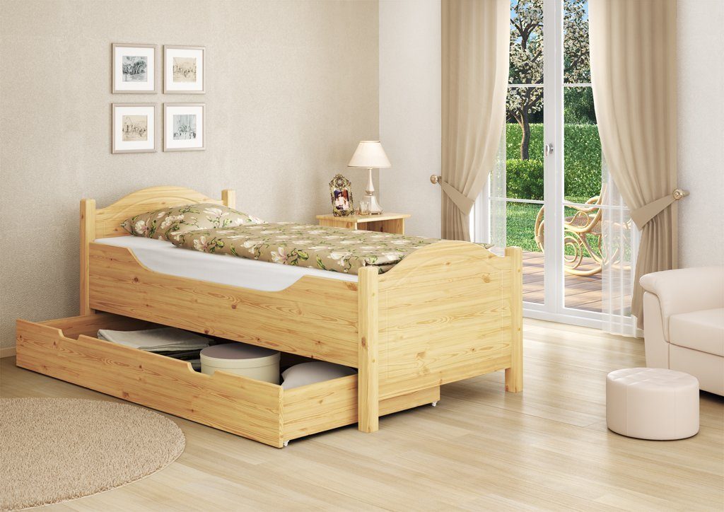lackiert Kiefer Massivholzbett Bett 90x200, ERST-HOLZ mit Seniorenbett Einlegeverstellbarkeit Kieferfarblos