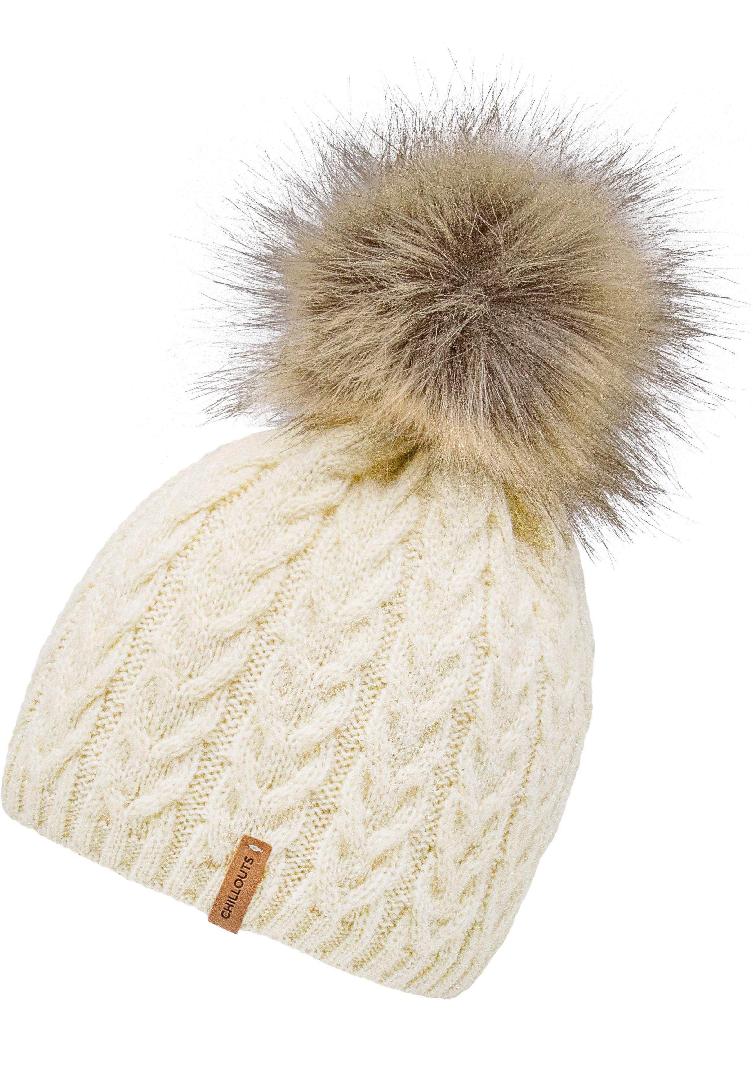 chillouts Bommelmütze Tabea Hat Abnehmbarer Fellimitat-Pom Pom, Zopfmuster beige | Strickmützen