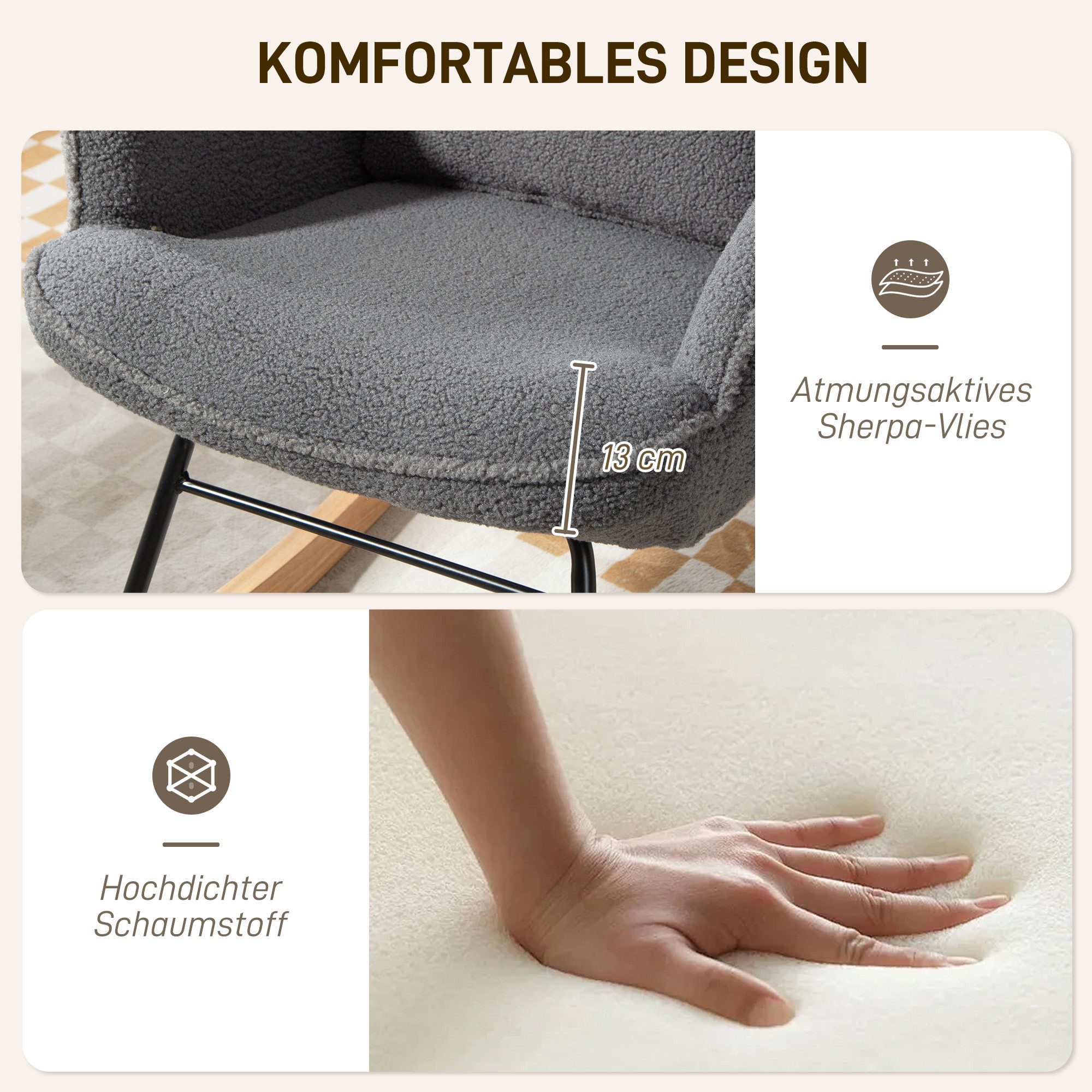 HOMCOM Schaukelsessel Schwingsessel mit Lendenkissen, Kopfstütze, Relaxsessel (Schwingstuhl, 2-St., Schaukelstuhl und Fußhocker), Stillsessel für Wohnzimmer, Sc – Bild 5 von 5