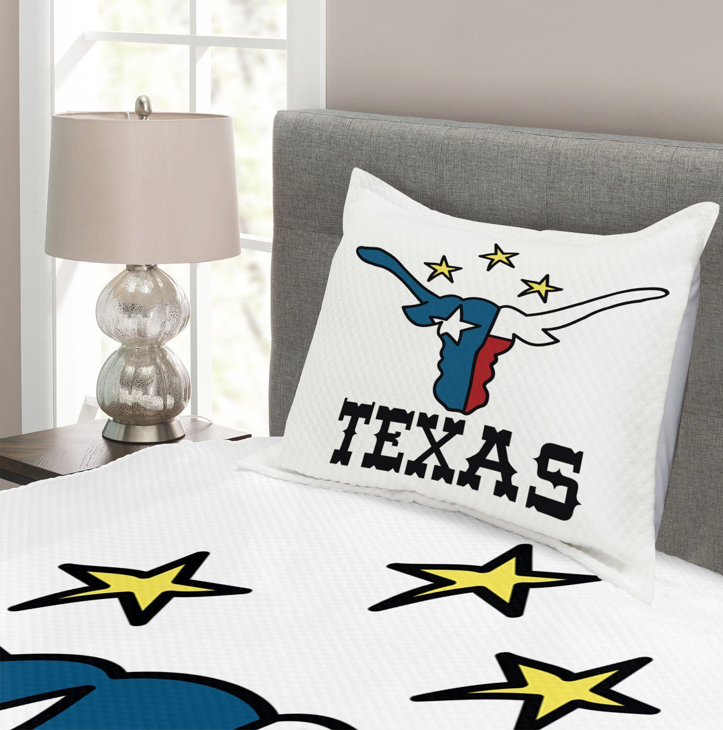 Büffel-Kopf-Flagge Tagesdecke Abakuhaus, mit Set Texas Waschbar, Star Kissenbezügen