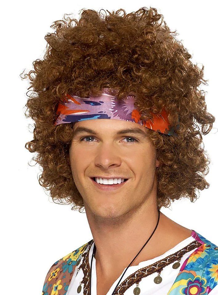 Smiffys Kostüm-Perücke Set Hippie Perücke - für Faschings Karnevalskostüm, Langhaarig mal anders: Wuschelfrisur mit Haarband und Kette