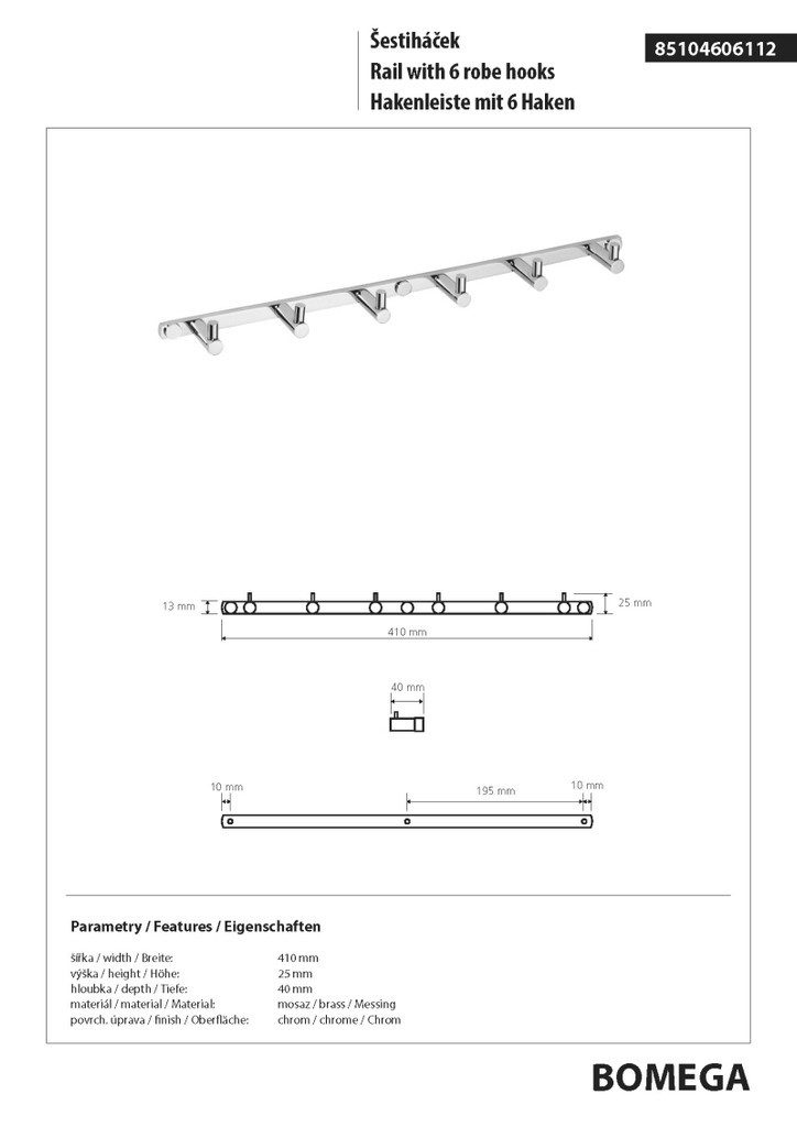 BRILLANTBAD® Hakenleiste BOMEGA Hakenleiste 6 Haken Messing Chrom poliert Bad & Küche >> Bohren
