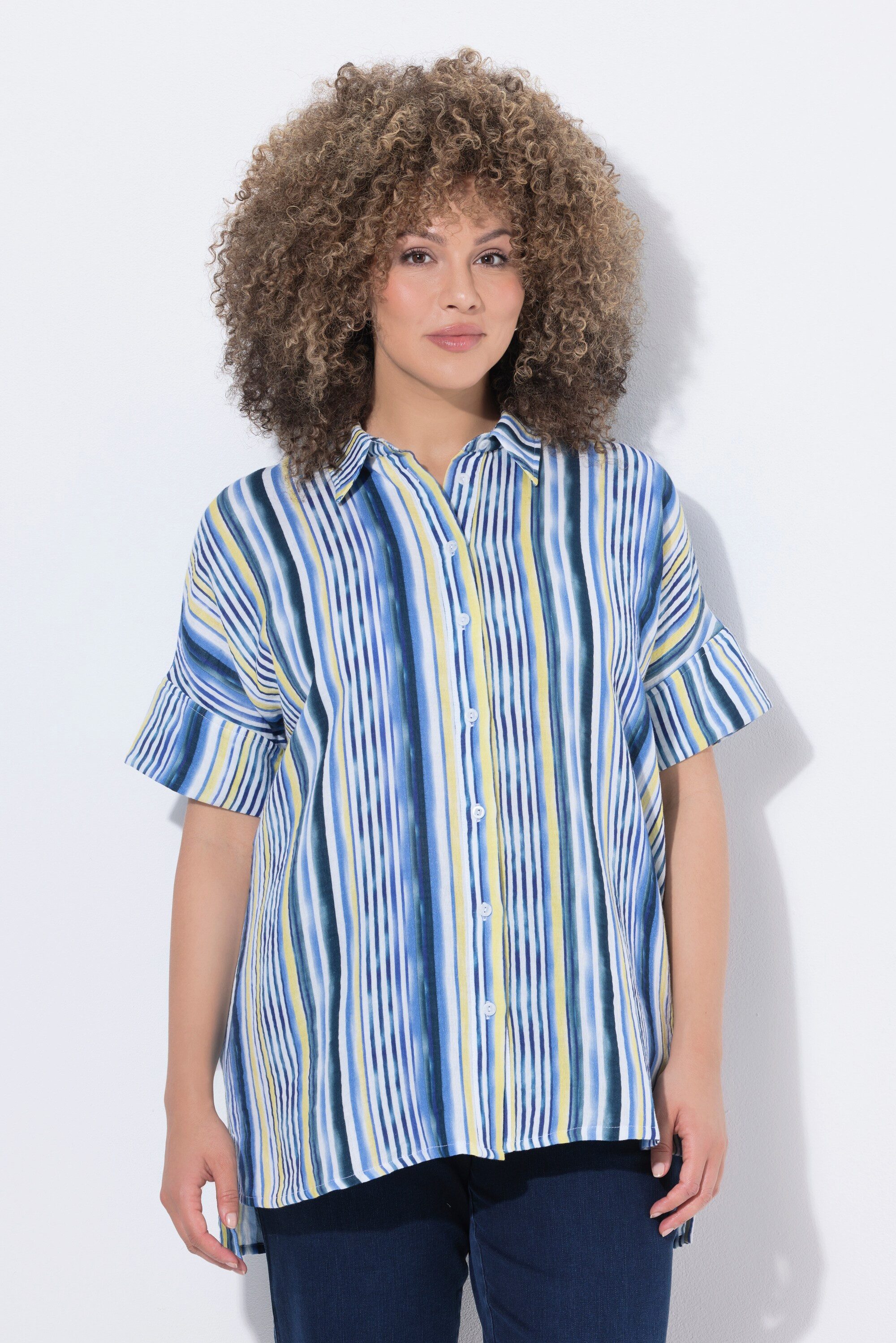 Ulla Popken Longbluse Musselin-Bluse Streifen Oversized Hemdkragen