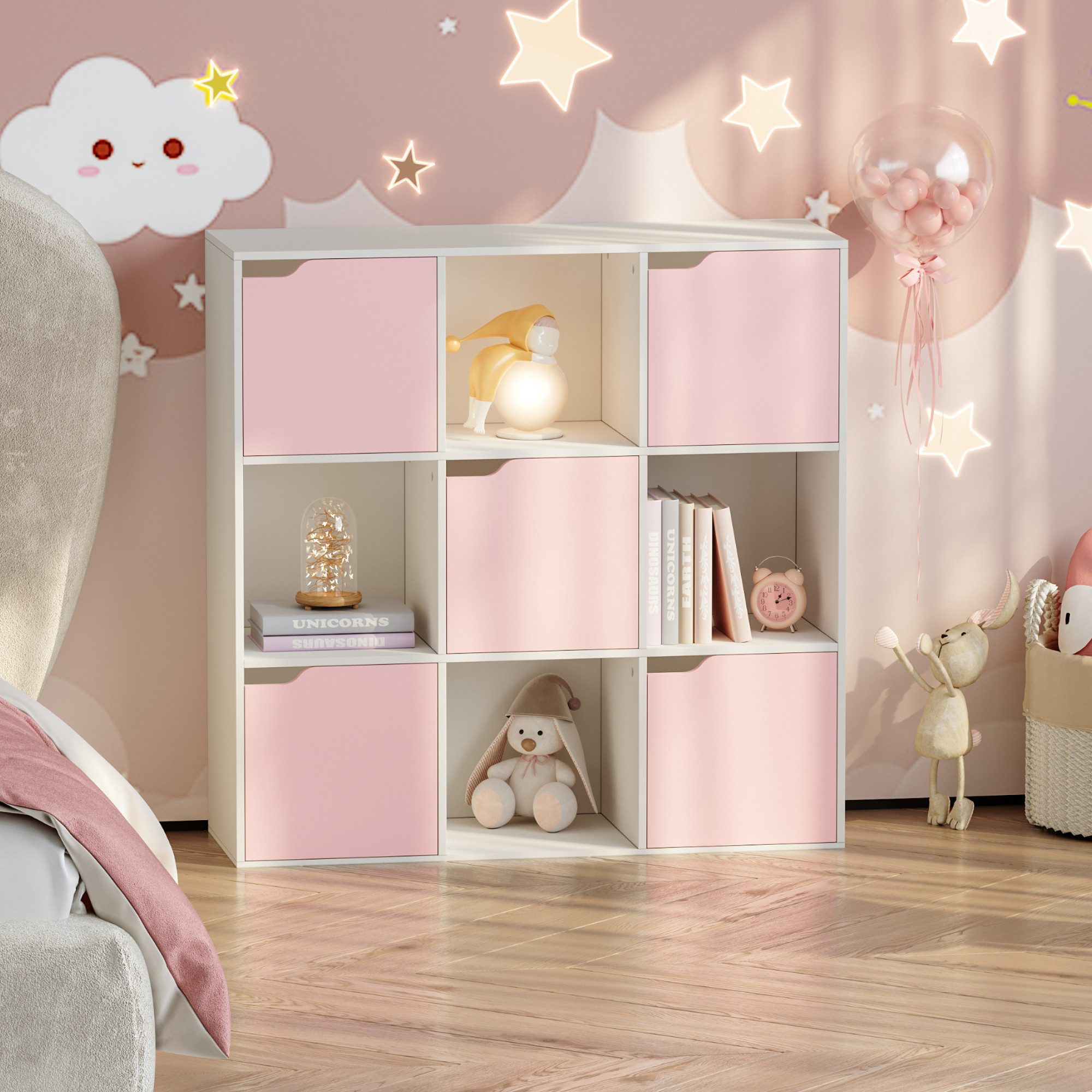 en.casa Kinderregal, »Ljunshund« mit 9 Fächern Würfel 90x90x30 cm Weiß/Rosa